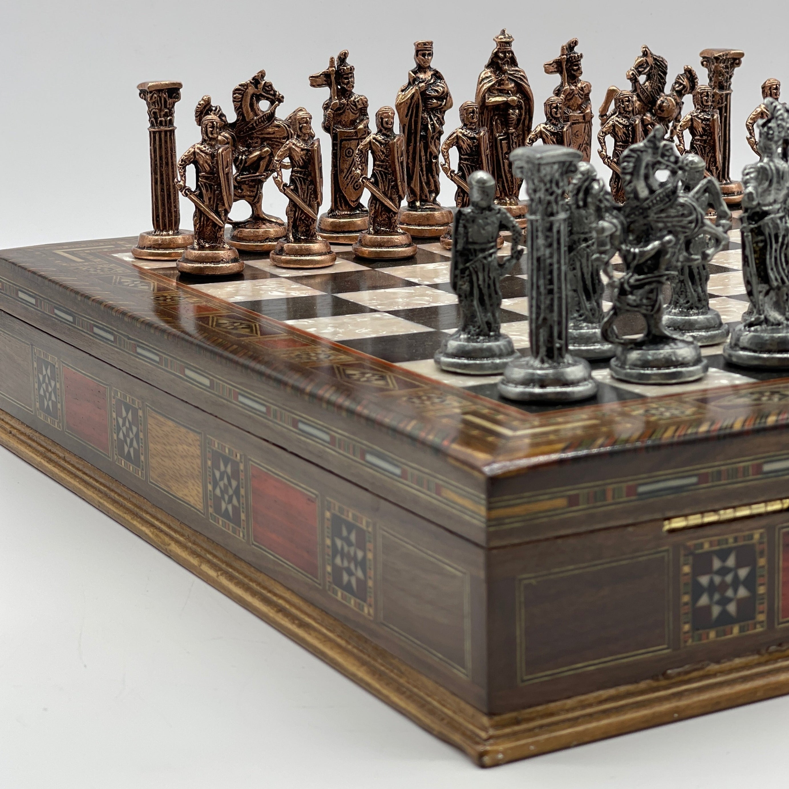 15.3" Black Wooden Boxed Chess Set With Handmade British Metal Chess Pieces