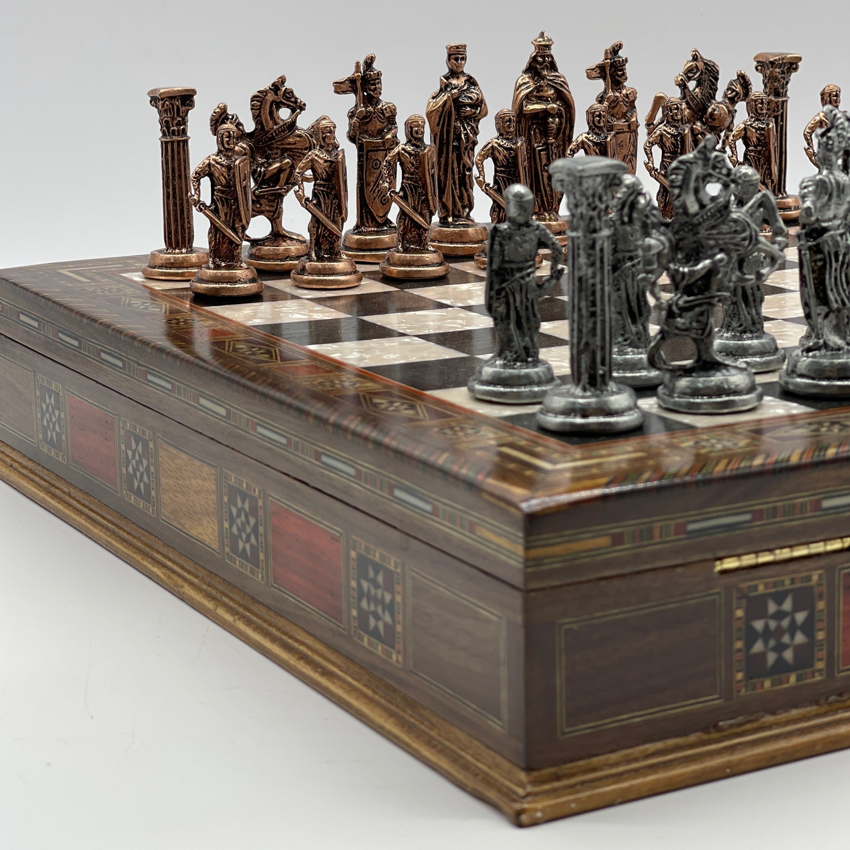 15.3" Black Wooden Boxed Chess Set With Handmade British Metal Chess Pieces