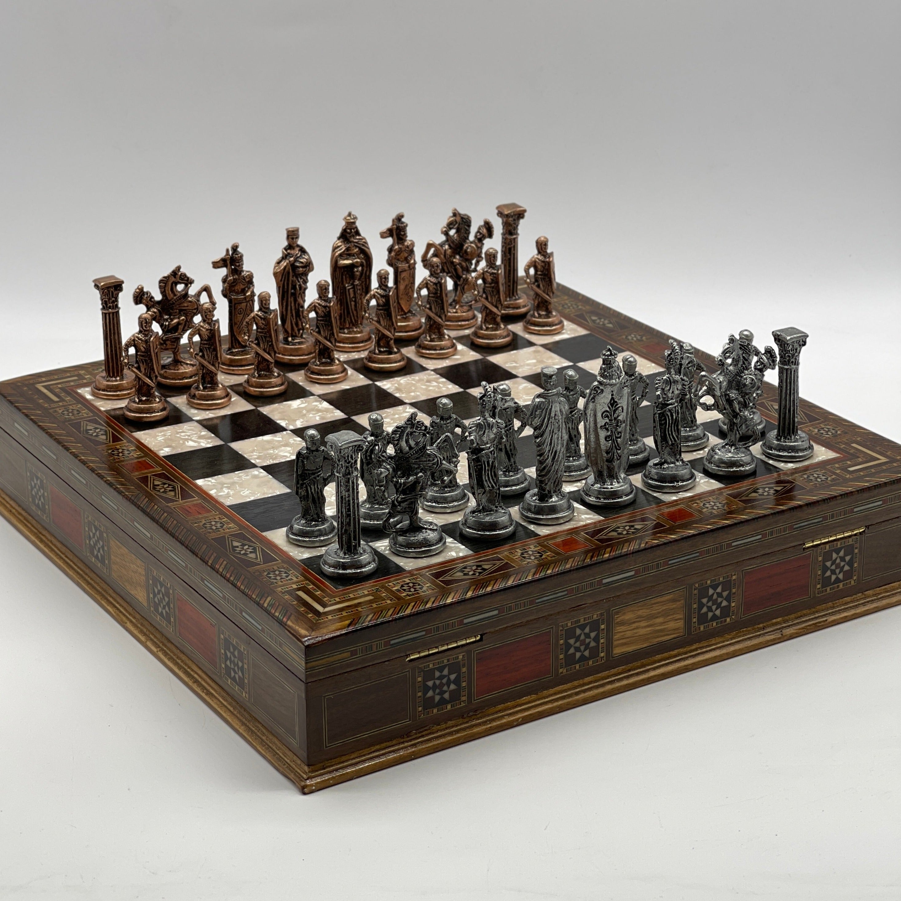 15.3" Black Wooden Boxed Chess Set With Handmade British Metal Chess Pieces