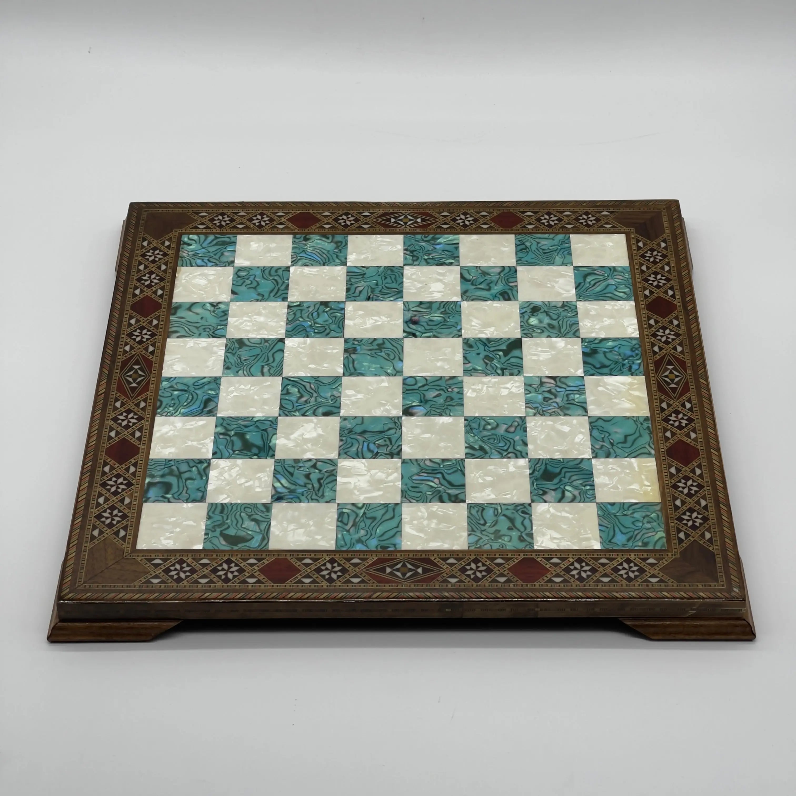 15" Turquoise Handmade Patterned Luxury Wooden Chess Board With Legs