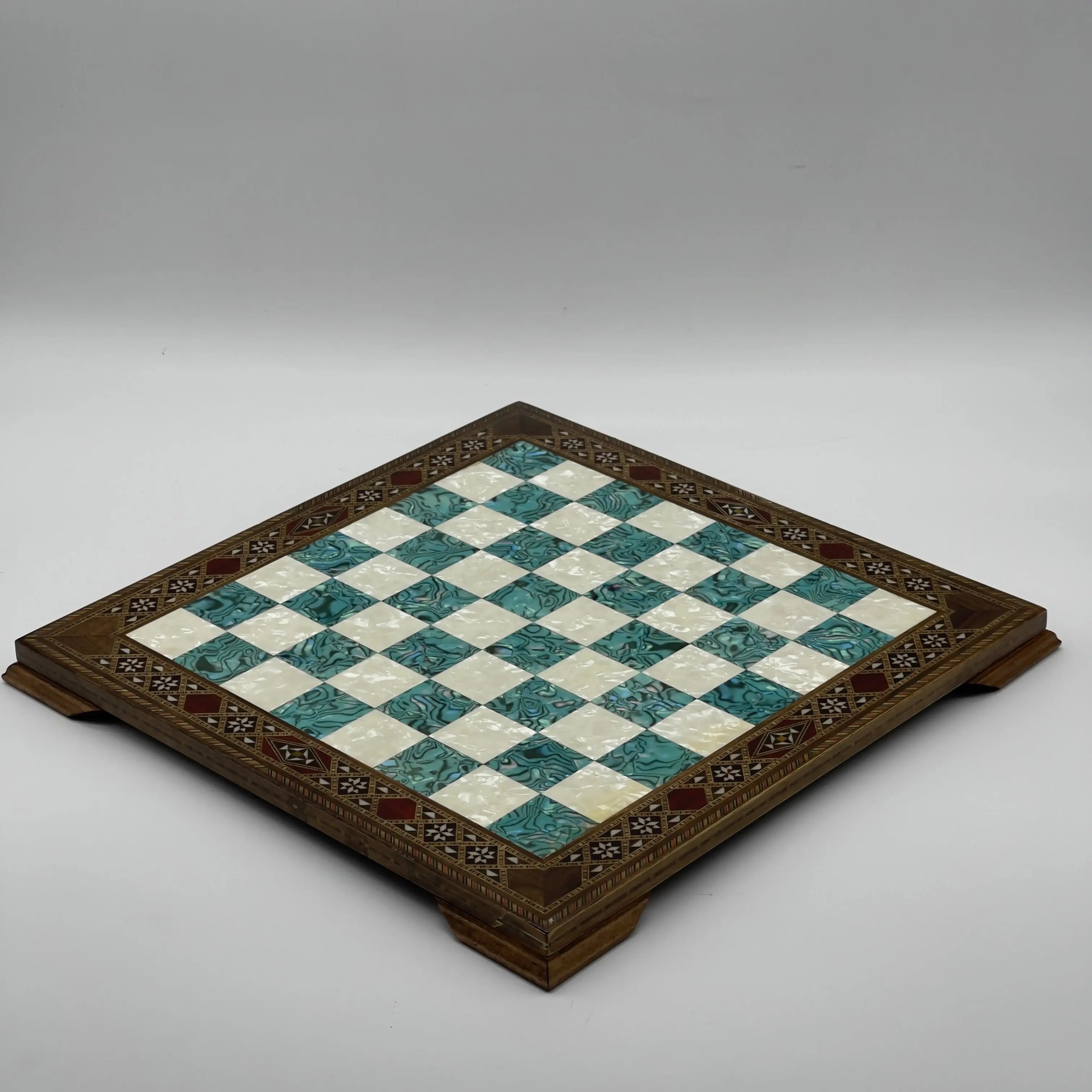 15" Turquoise Handmade Patterned Luxury Wooden Chess Board With Legs