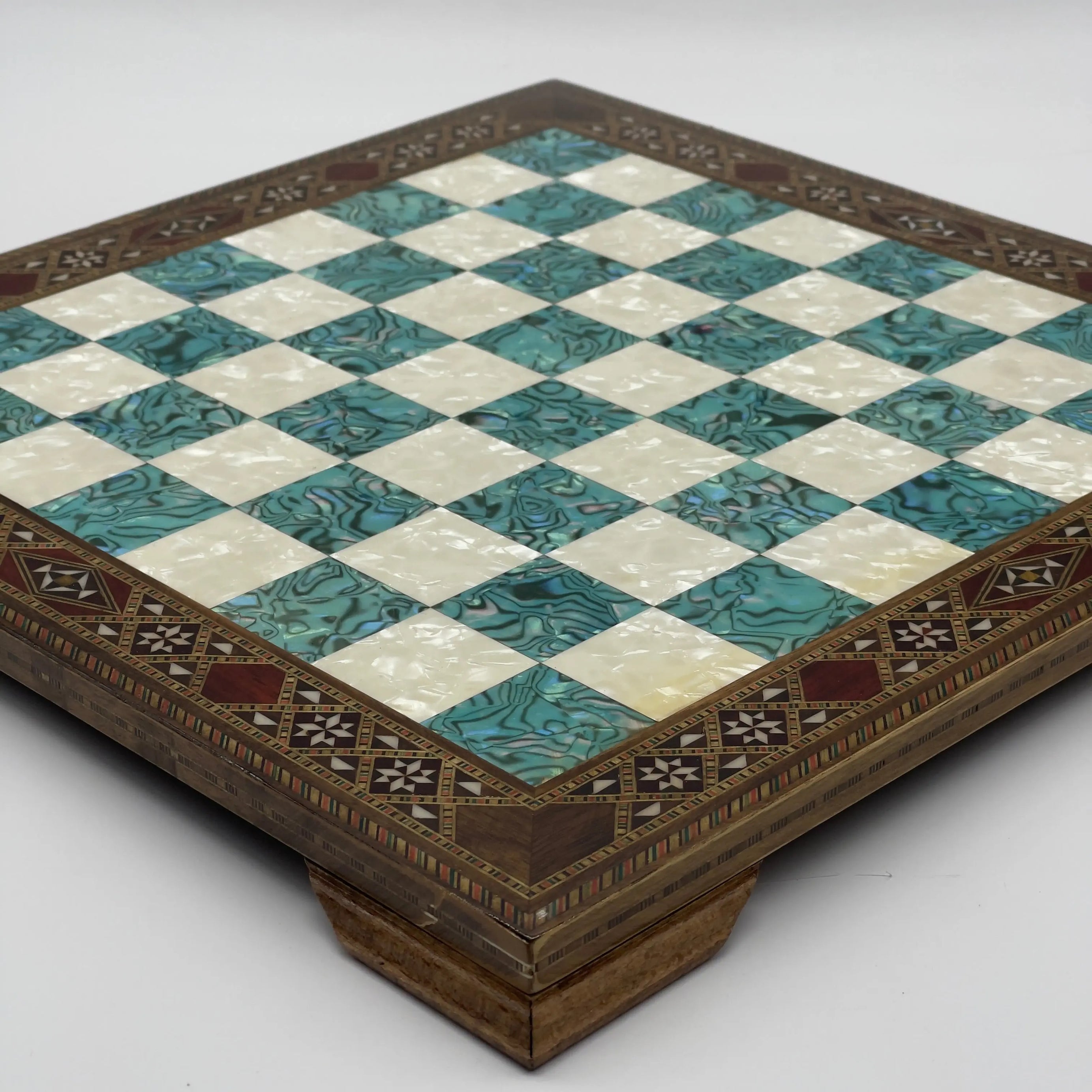 15" Turquoise Handmade Patterned Luxury Wooden Chess Board With Legs