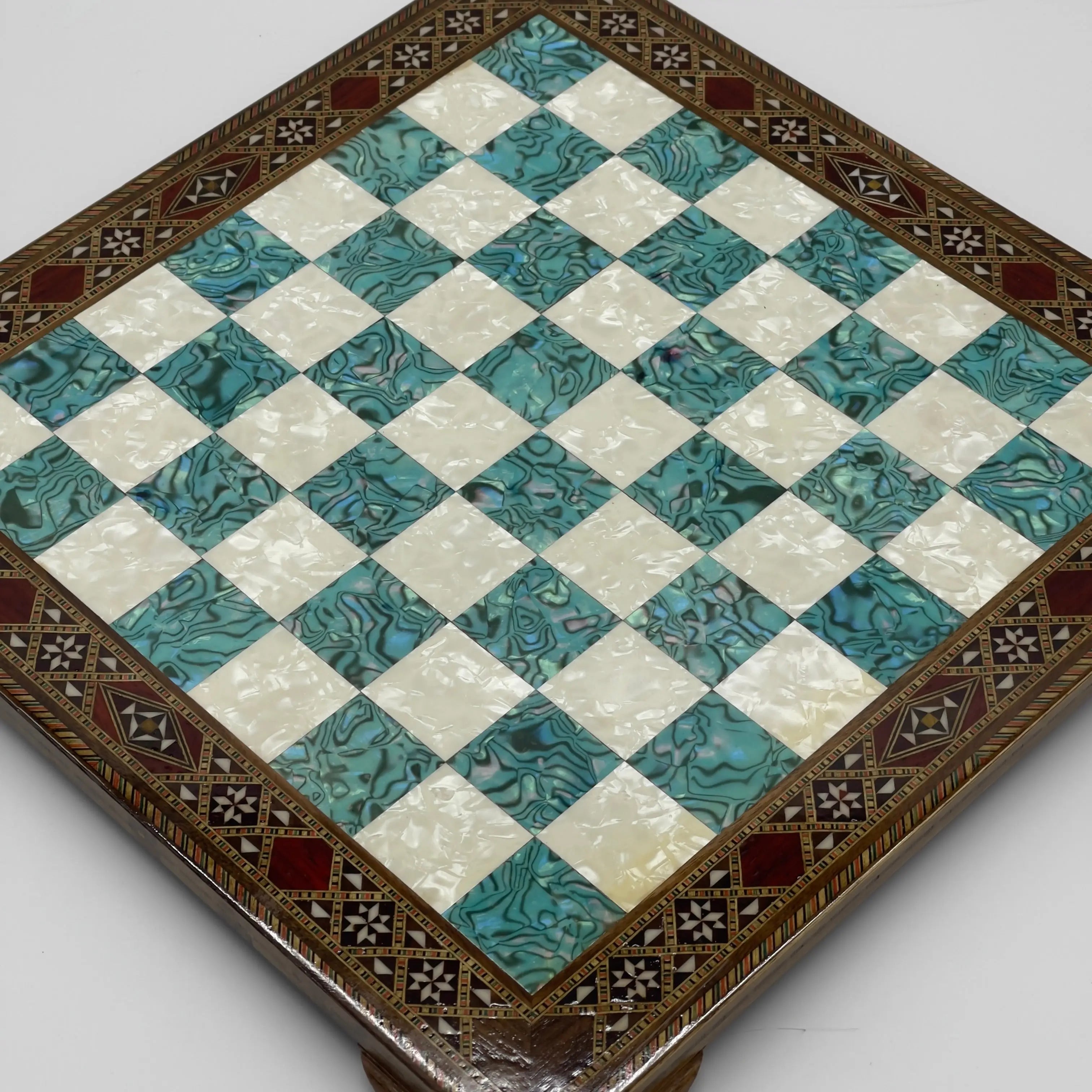 15" Turquoise Handmade Patterned Luxury Wooden Chess Board With Legs