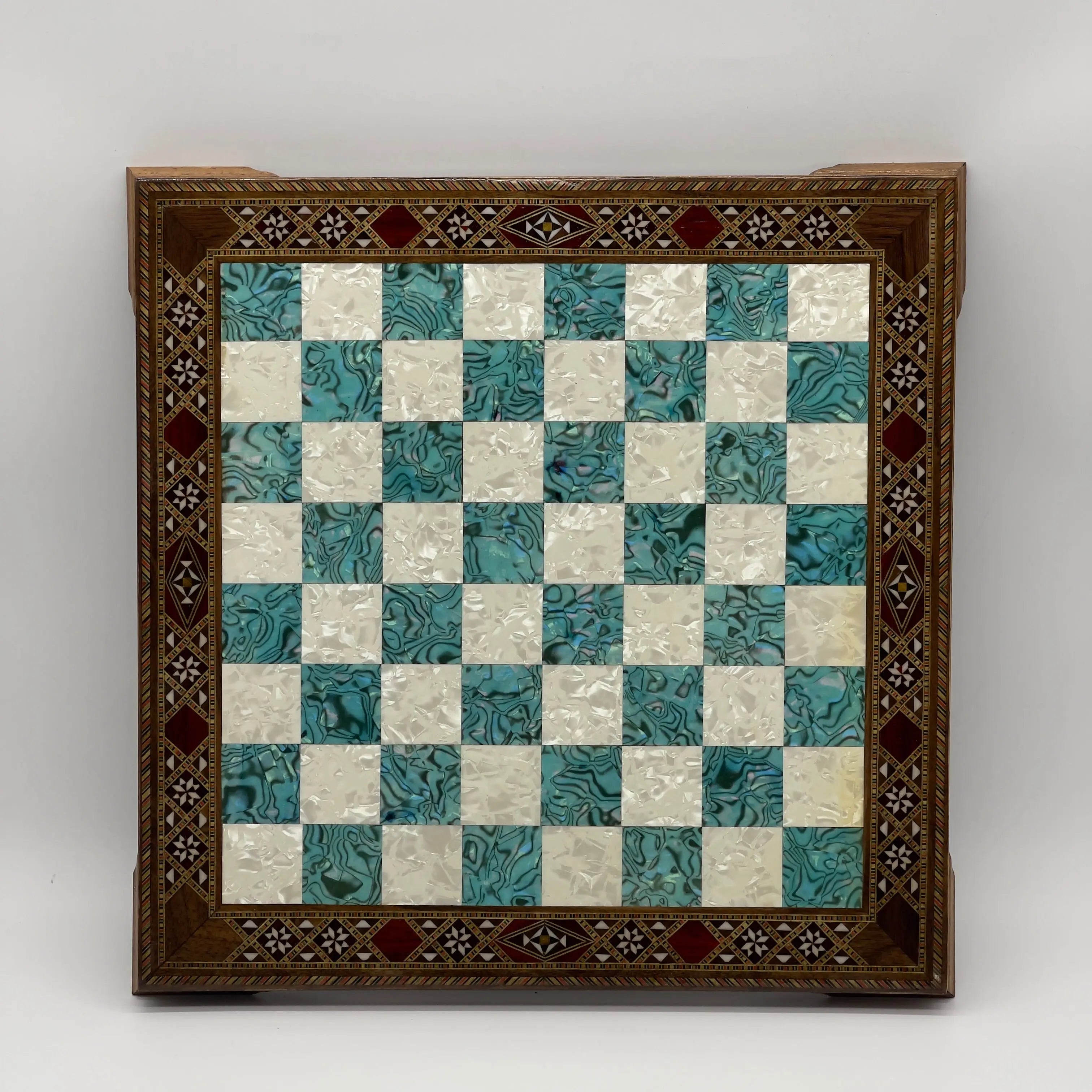 15" Turquoise Handmade Patterned Luxury Wooden Chess Board With Legs