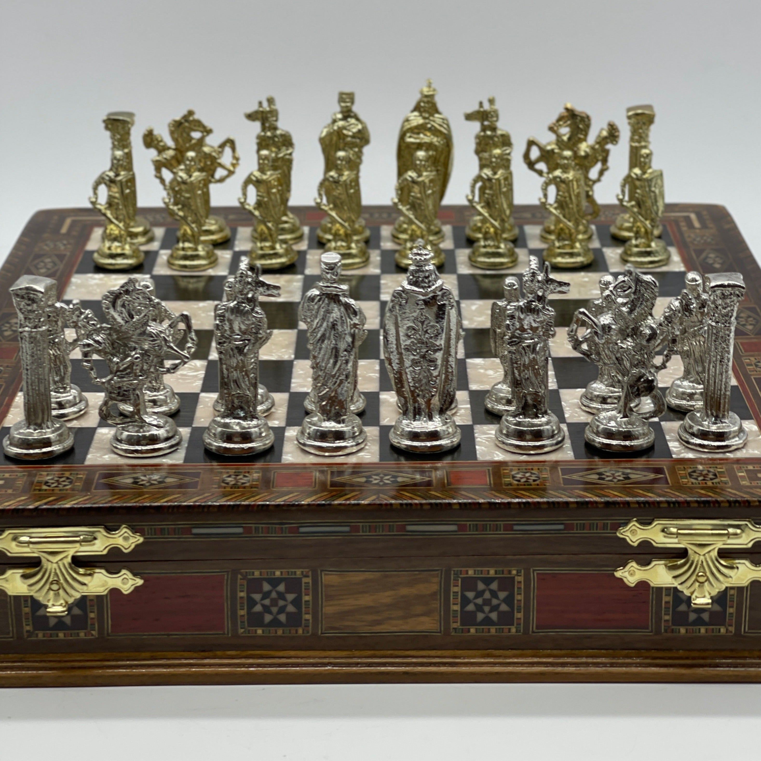 15" Black Wooden Boxed Chess Set With Handmade British Metal Chess Pieces