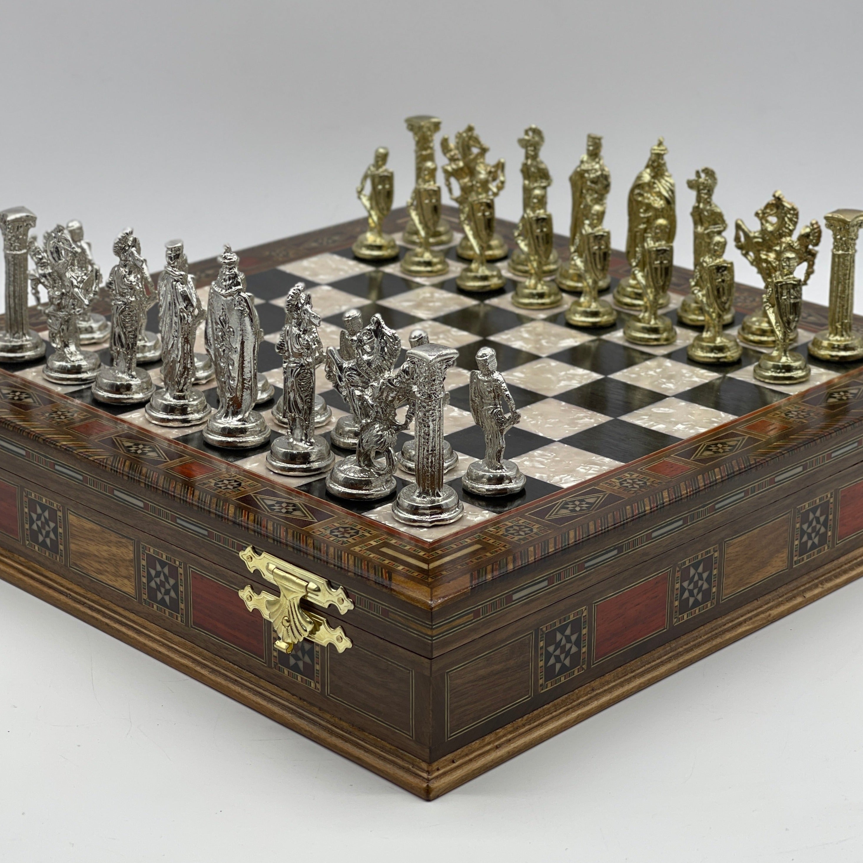 15" Black Wooden Boxed Chess Set With Handmade British Metal Chess Pieces