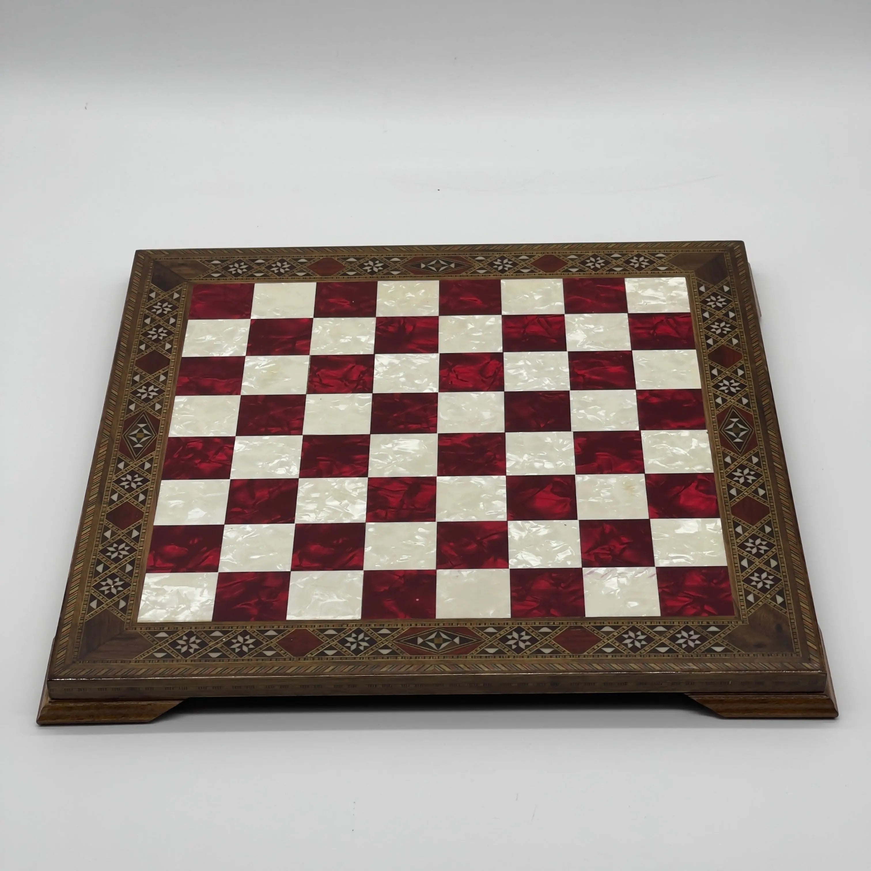15" Red Handmade Patterned Luxury Wooden Chess Board With Legs