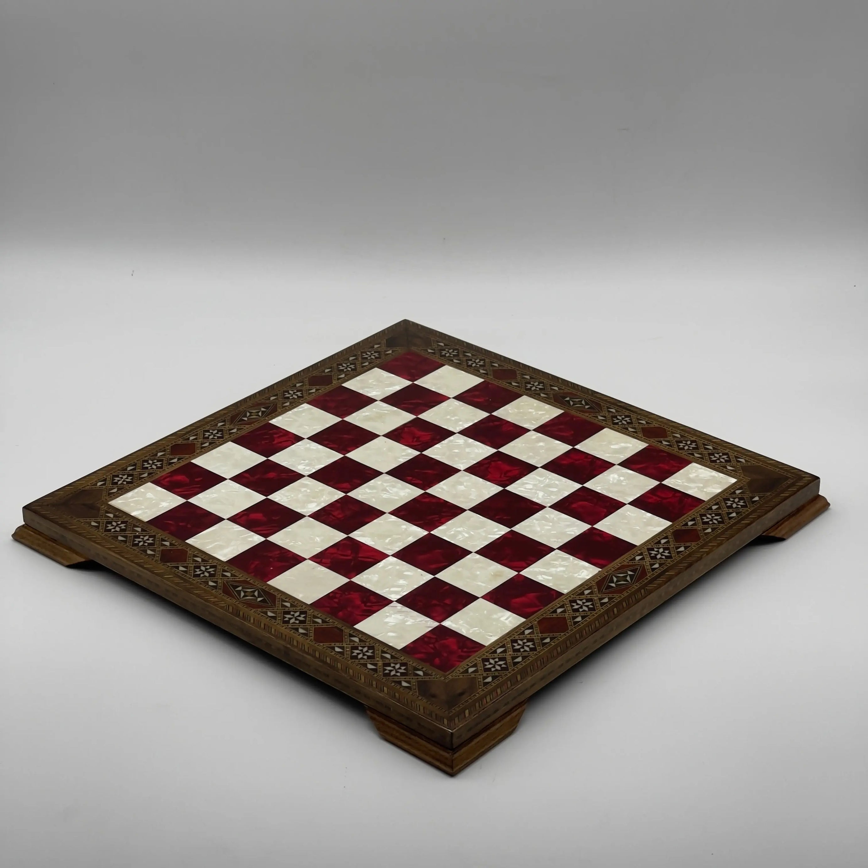 15" Red Handmade Patterned Luxury Wooden Chess Board With Legs