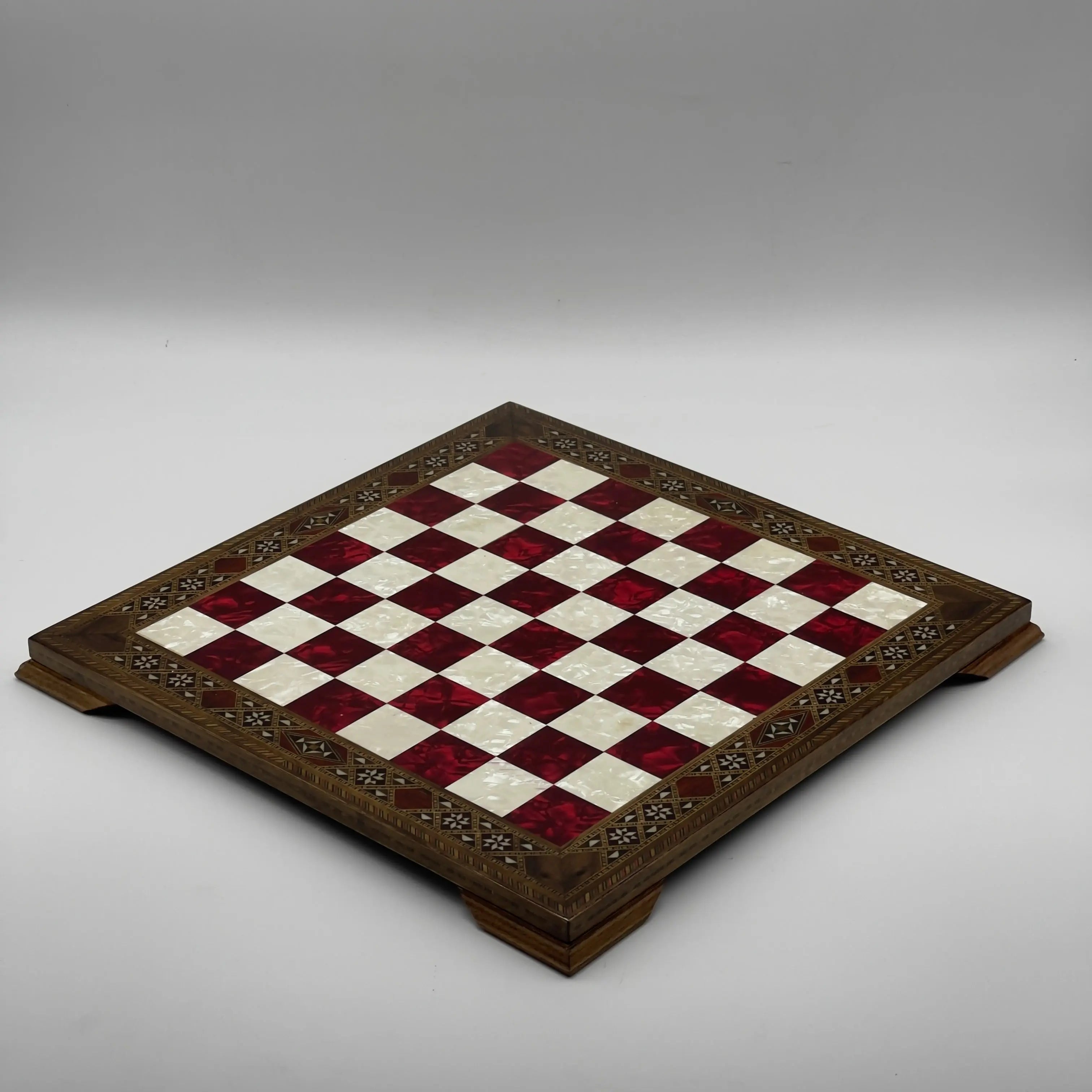 15" Red Handmade Patterned Luxury Wooden Chess Board With Legs