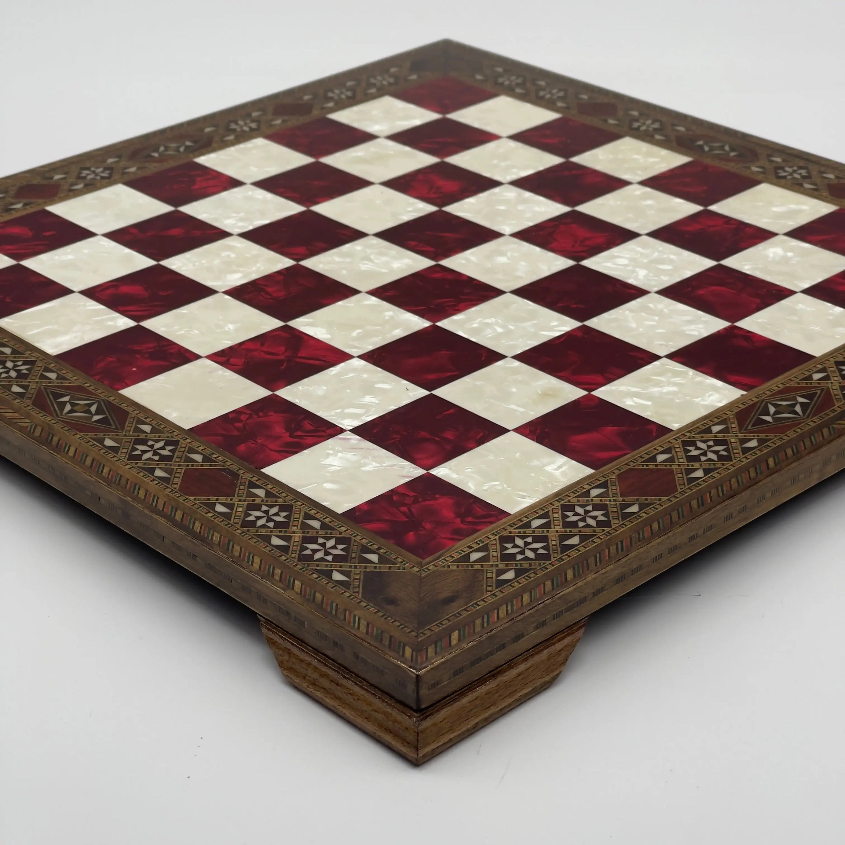 15" Red Handmade Patterned Luxury Wooden Chess Board With Legs