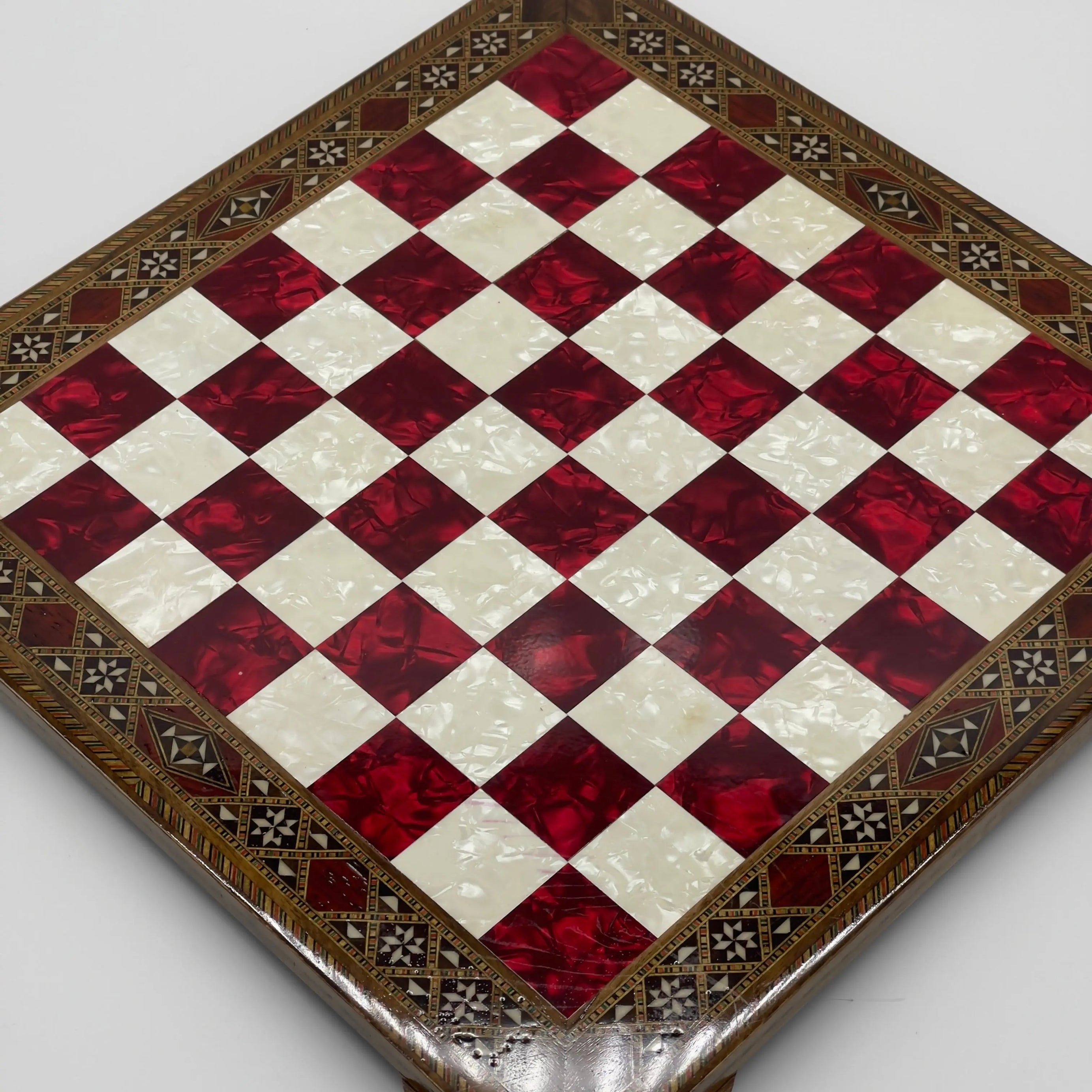 15" Red Handmade Patterned Luxury Wooden Chess Board With Legs