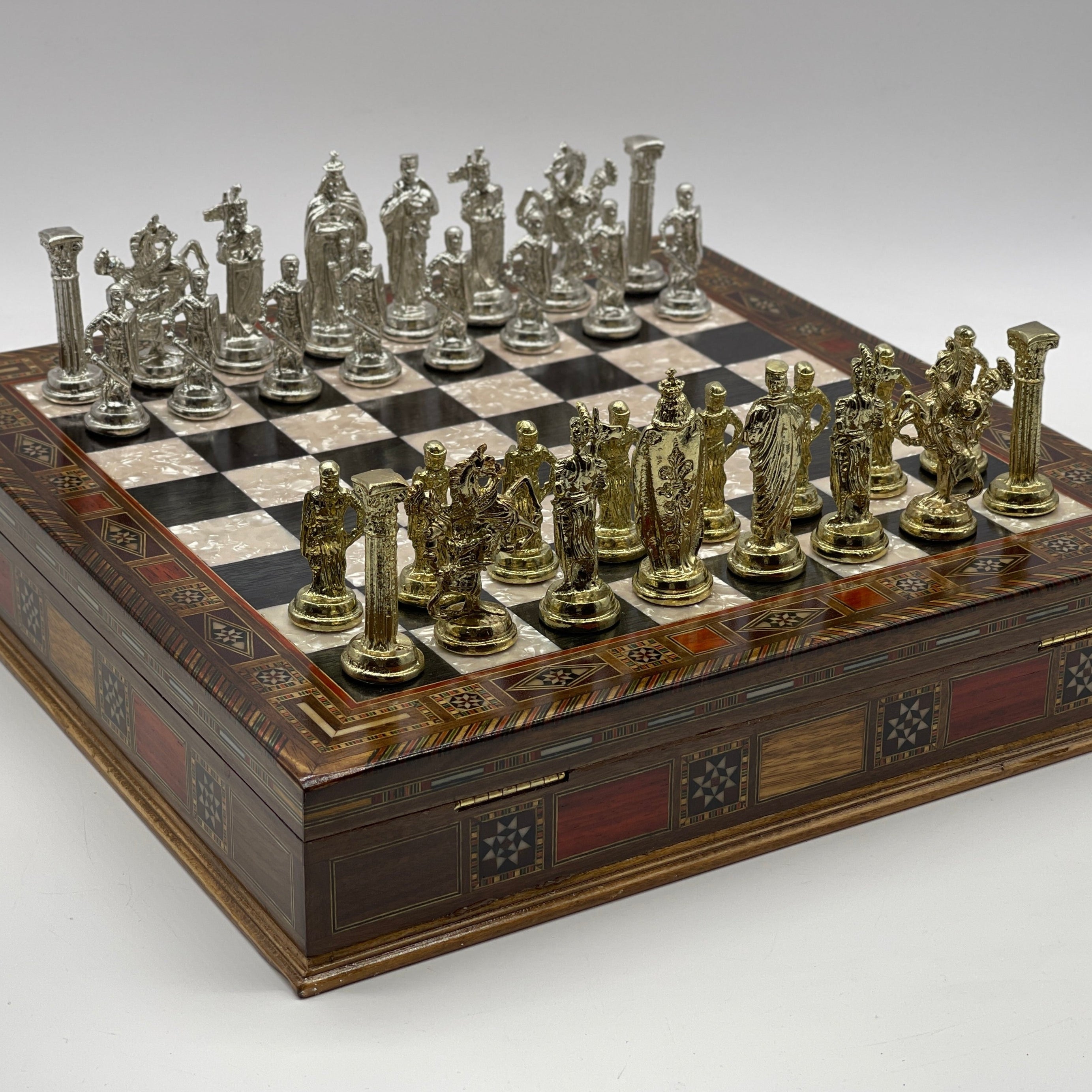 15" Black Wooden Boxed Chess Set With Handmade British Metal Chess Pieces