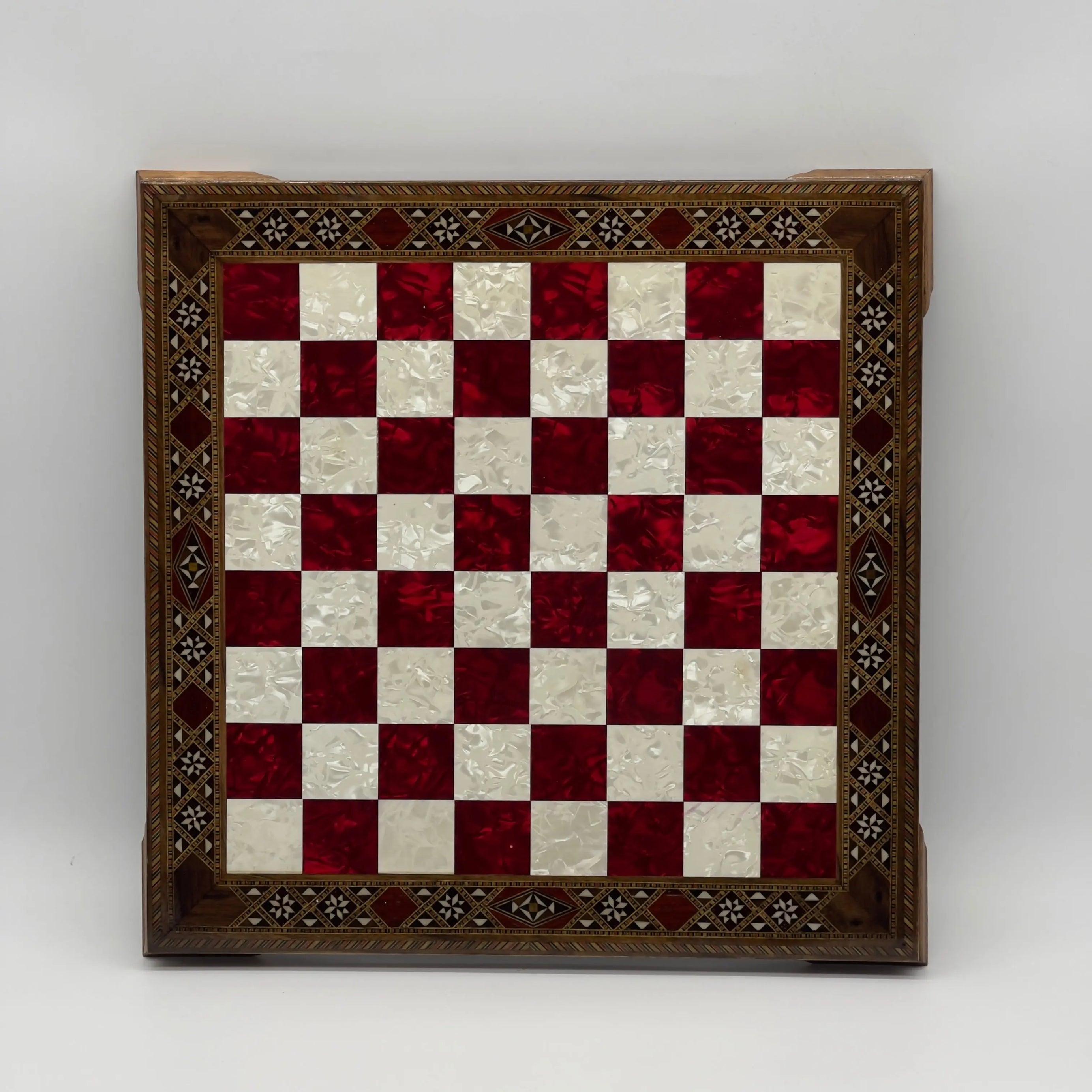 15" Red Handmade Patterned Luxury Wooden Chess Board With Legs