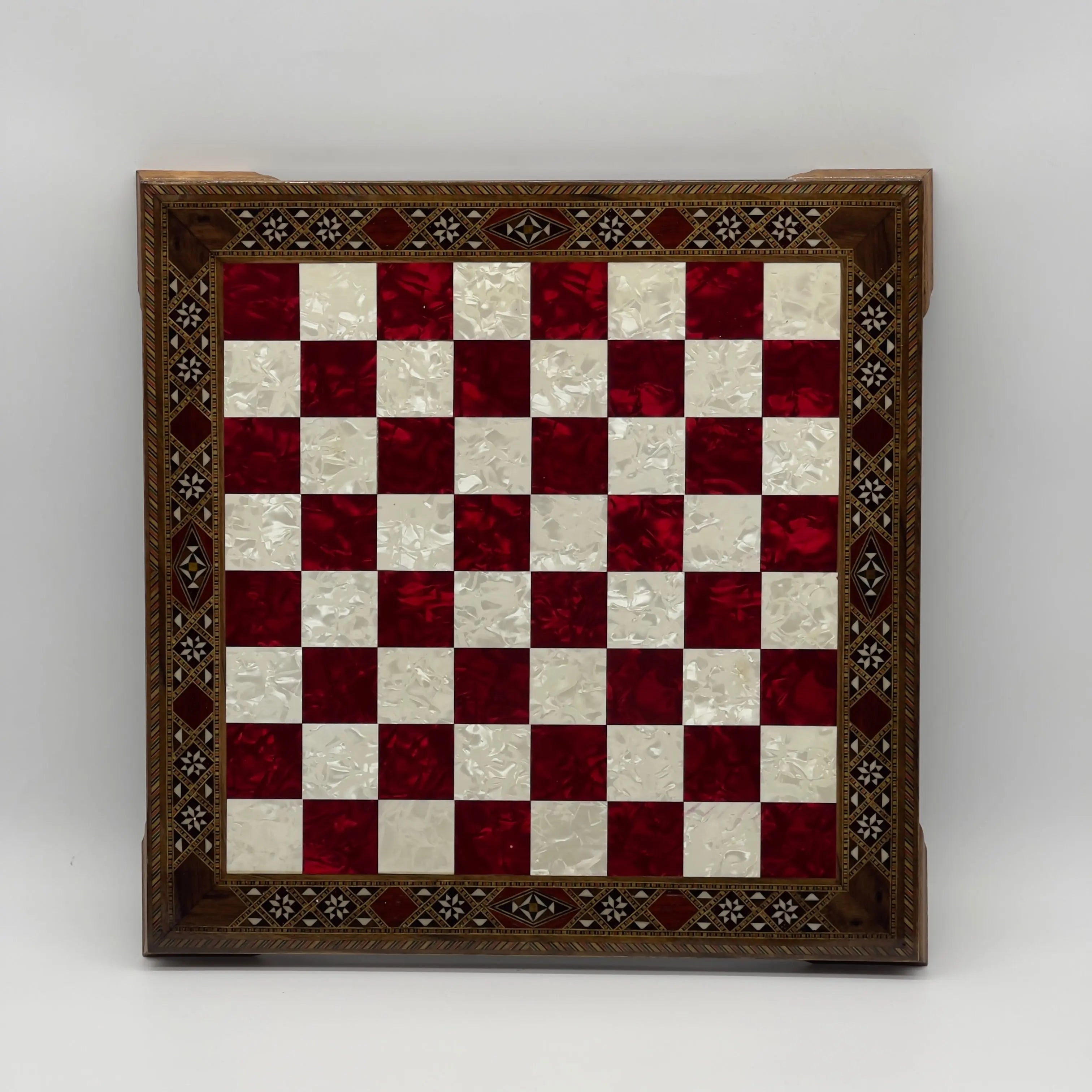 15" Red Handmade Patterned Luxury Wooden Chess Board With Legs
