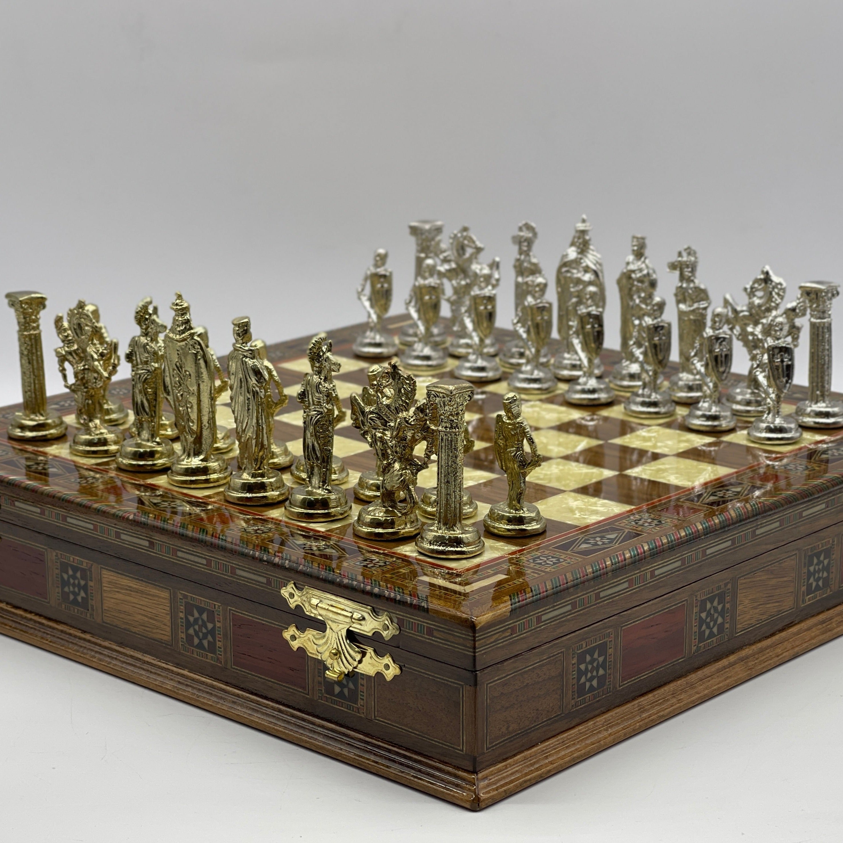 15.3" Walnut Wooden Boxed Chess Set With Handmade British Metal Chess Pieces