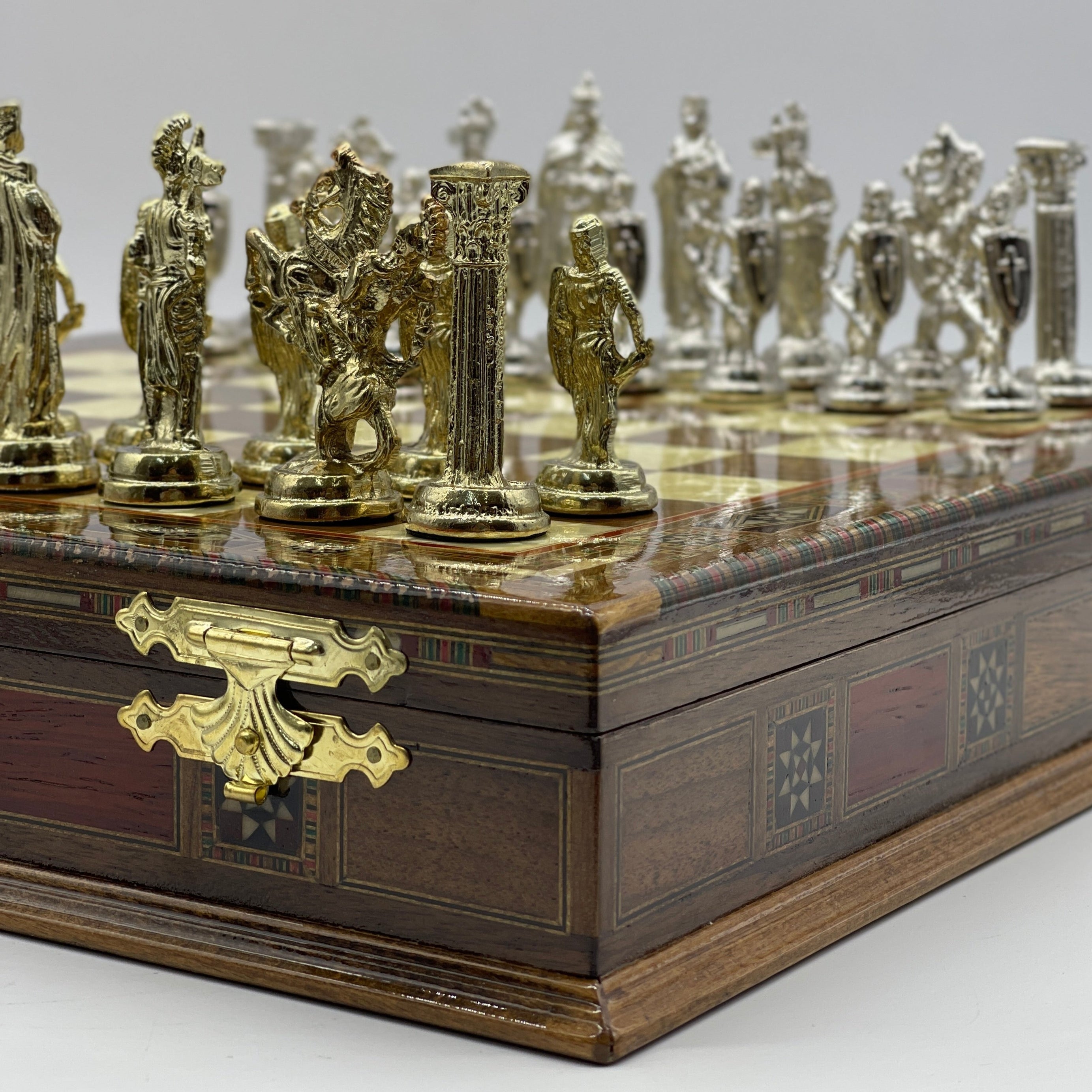 15.3" Walnut Wooden Boxed Chess Set With Handmade British Metal Chess Pieces