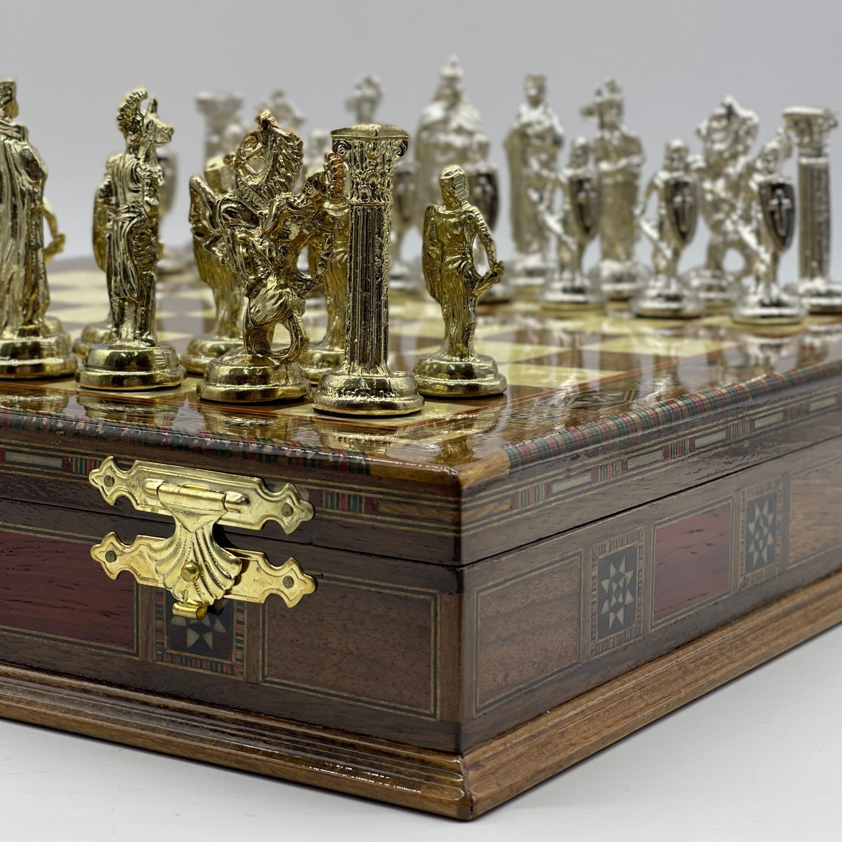 15.3" Walnut Wooden Boxed Chess Set With Handmade British Metal Chess Pieces
