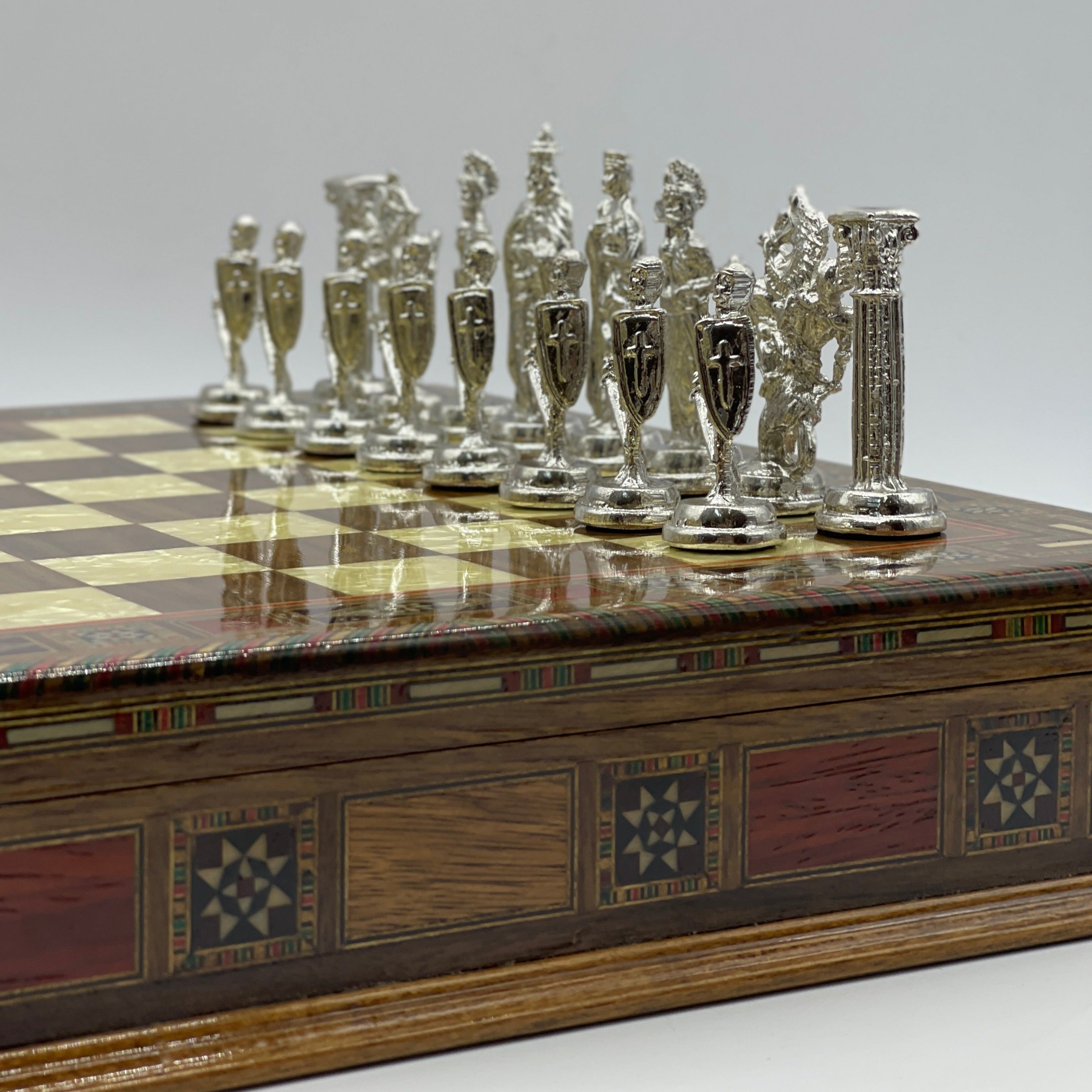 15.3" Walnut Wooden Boxed Chess Set With Handmade British Metal Chess Pieces