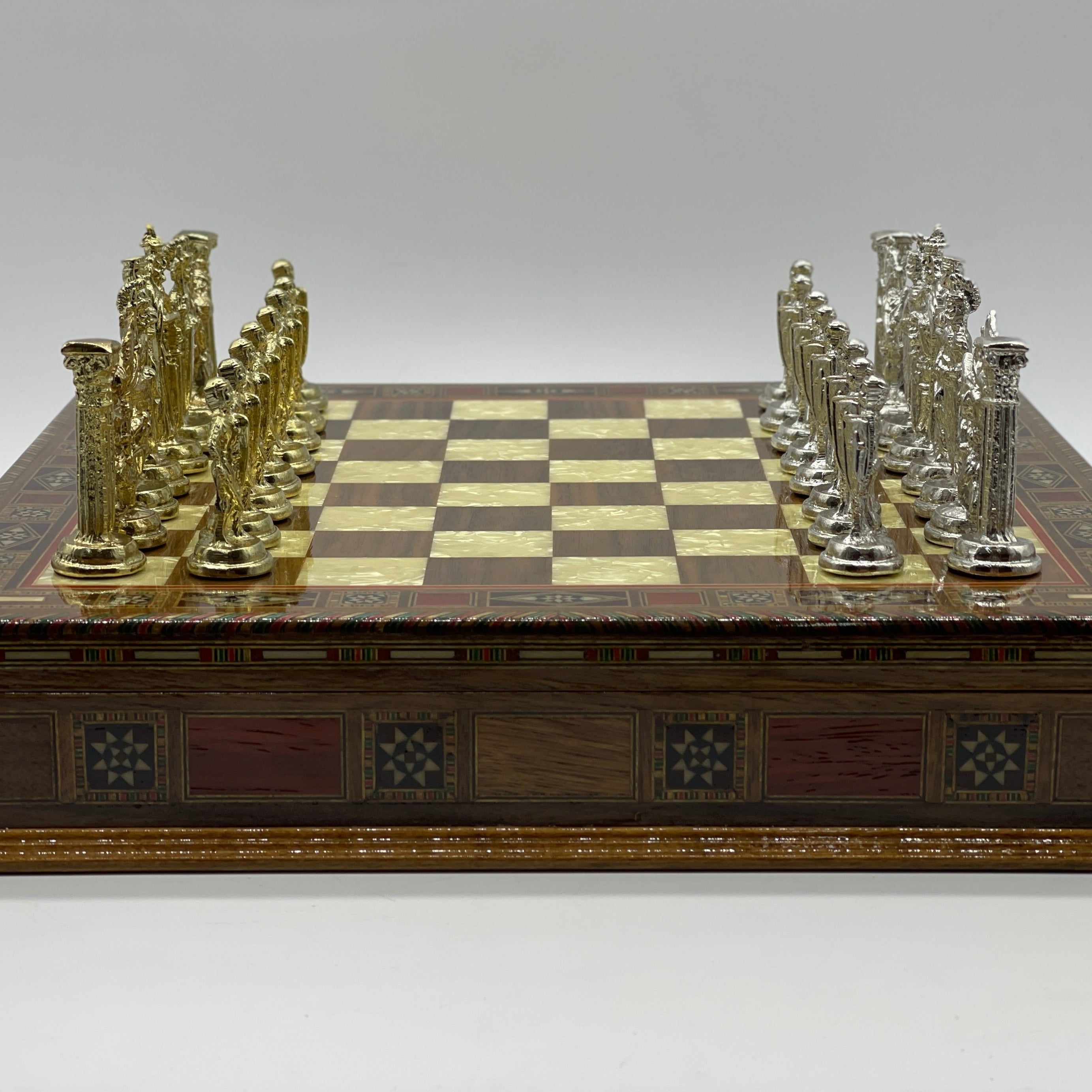 15.3" Walnut Wooden Boxed Chess Set With Handmade British Metal Chess Pieces