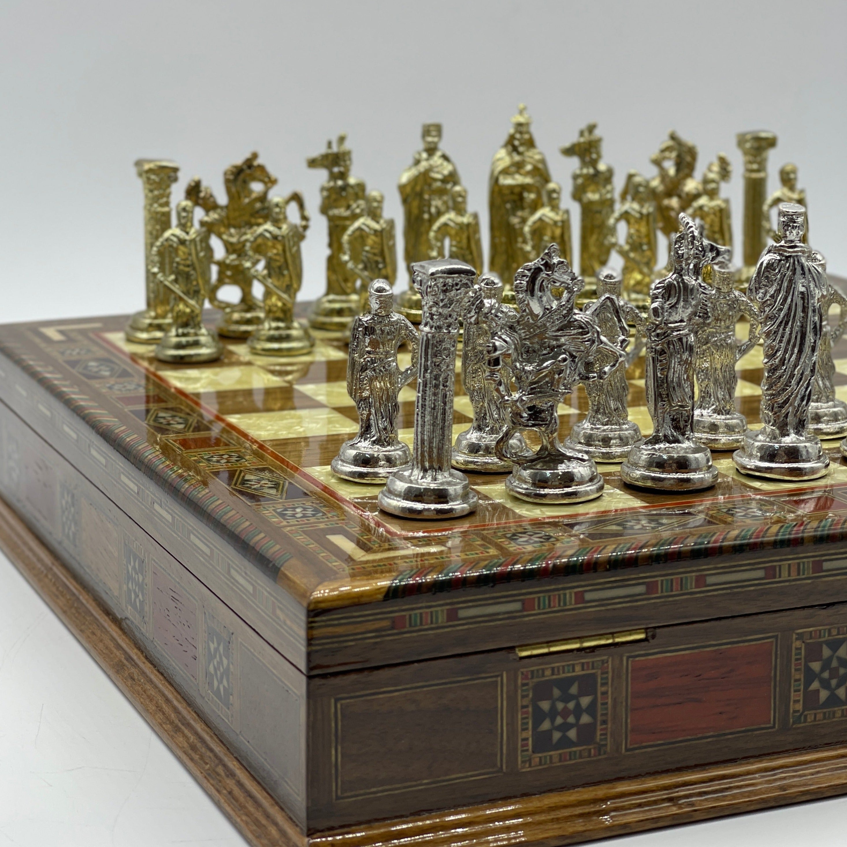 15.3" Walnut Wooden Boxed Chess Set With Handmade British Metal Chess Pieces