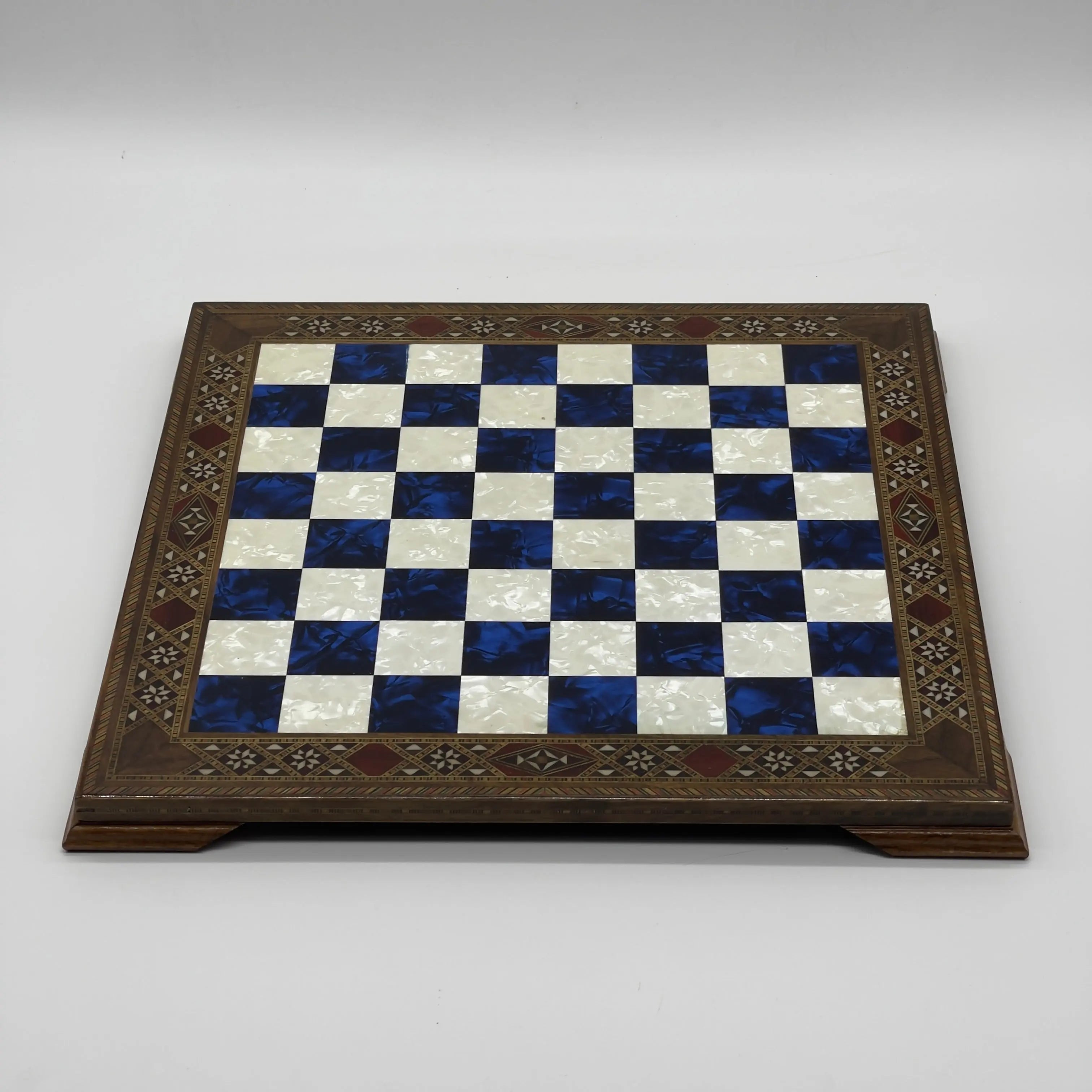 15" Blue Handmade Patterned Luxury Wooden Chess Board With Legs