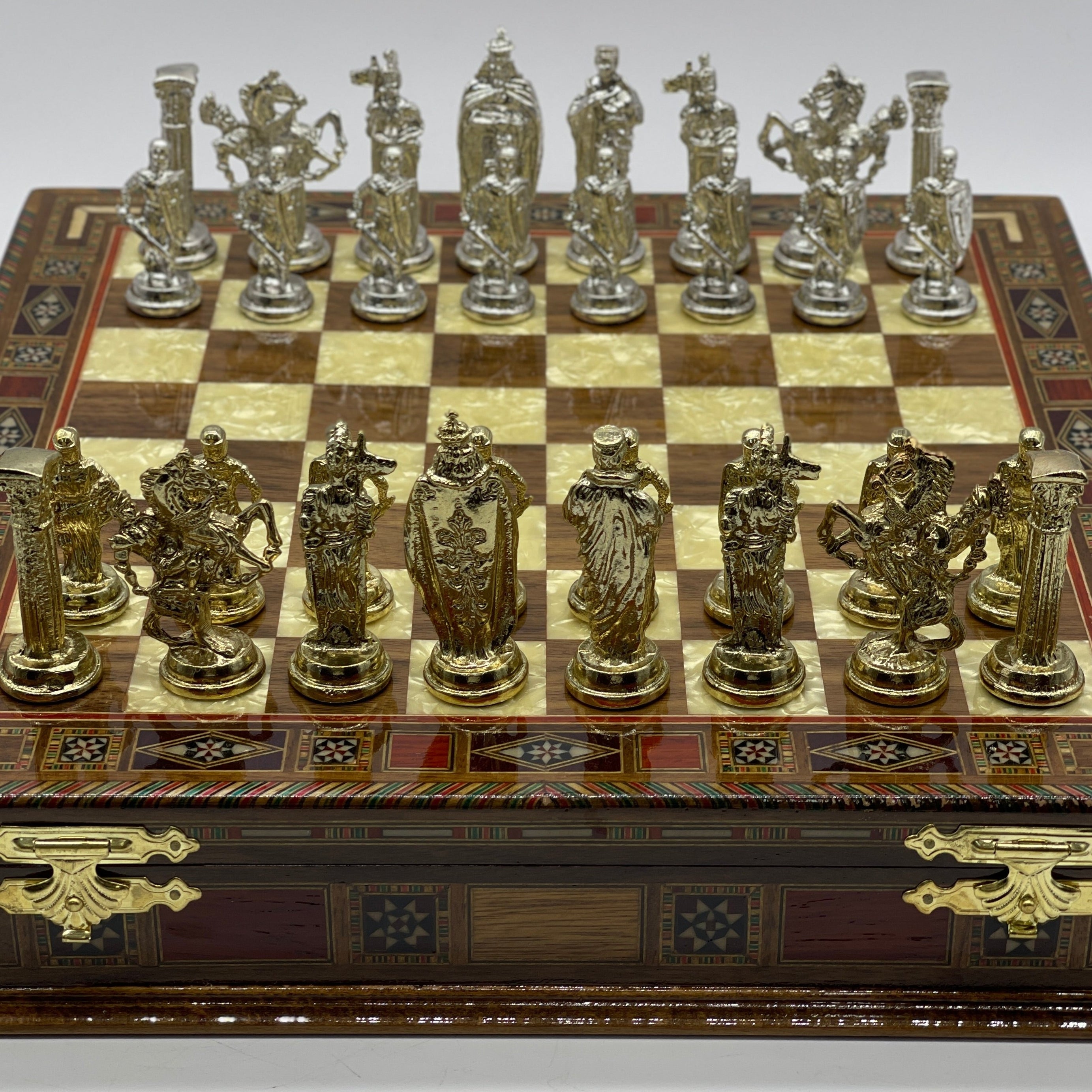 15.3" Walnut Wooden Boxed Chess Set With Handmade British Metal Chess Pieces