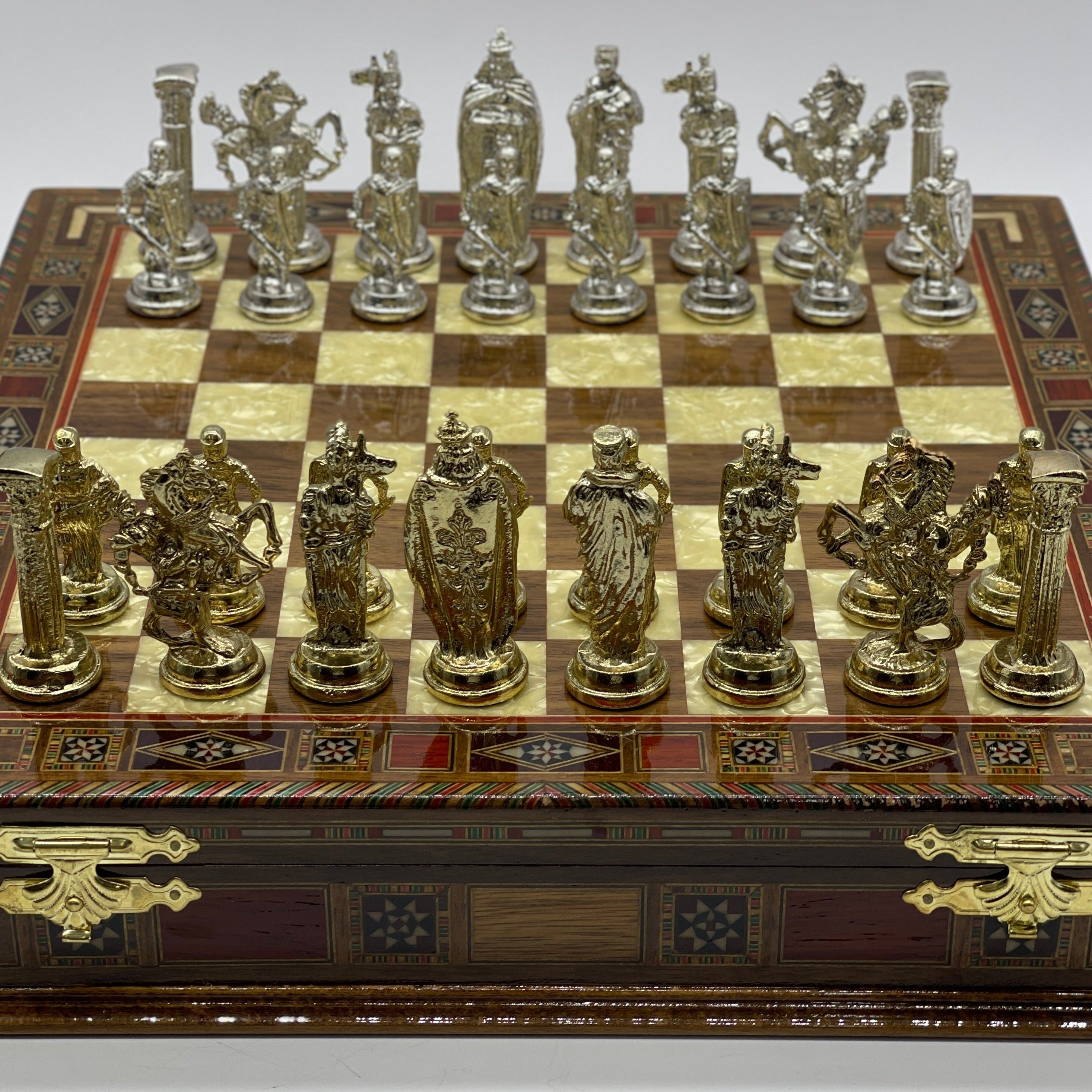 15.3" Walnut Wooden Boxed Chess Set With Handmade British Metal Chess Pieces