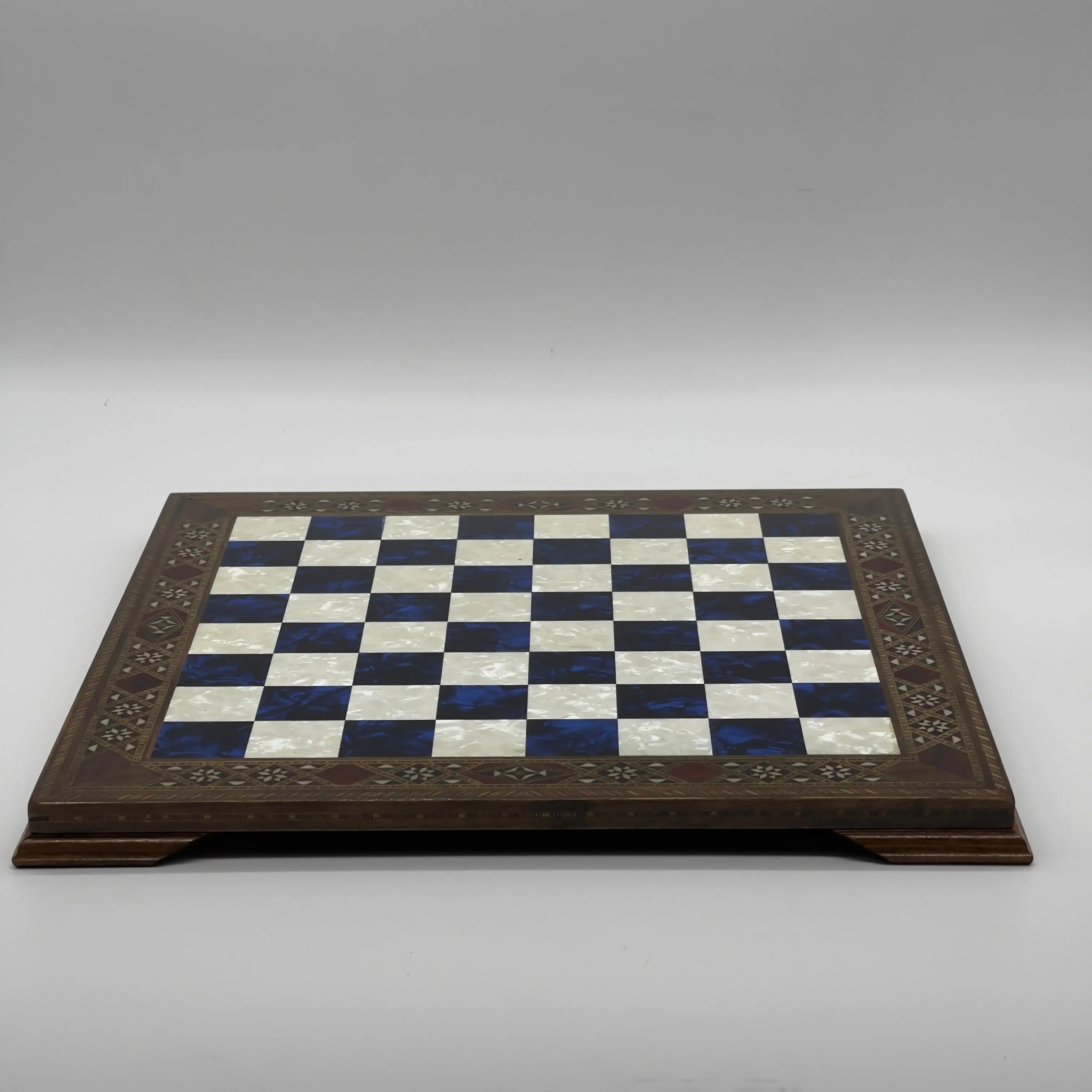 15" Blue Handmade Patterned Luxury Wooden Chess Board With Legs