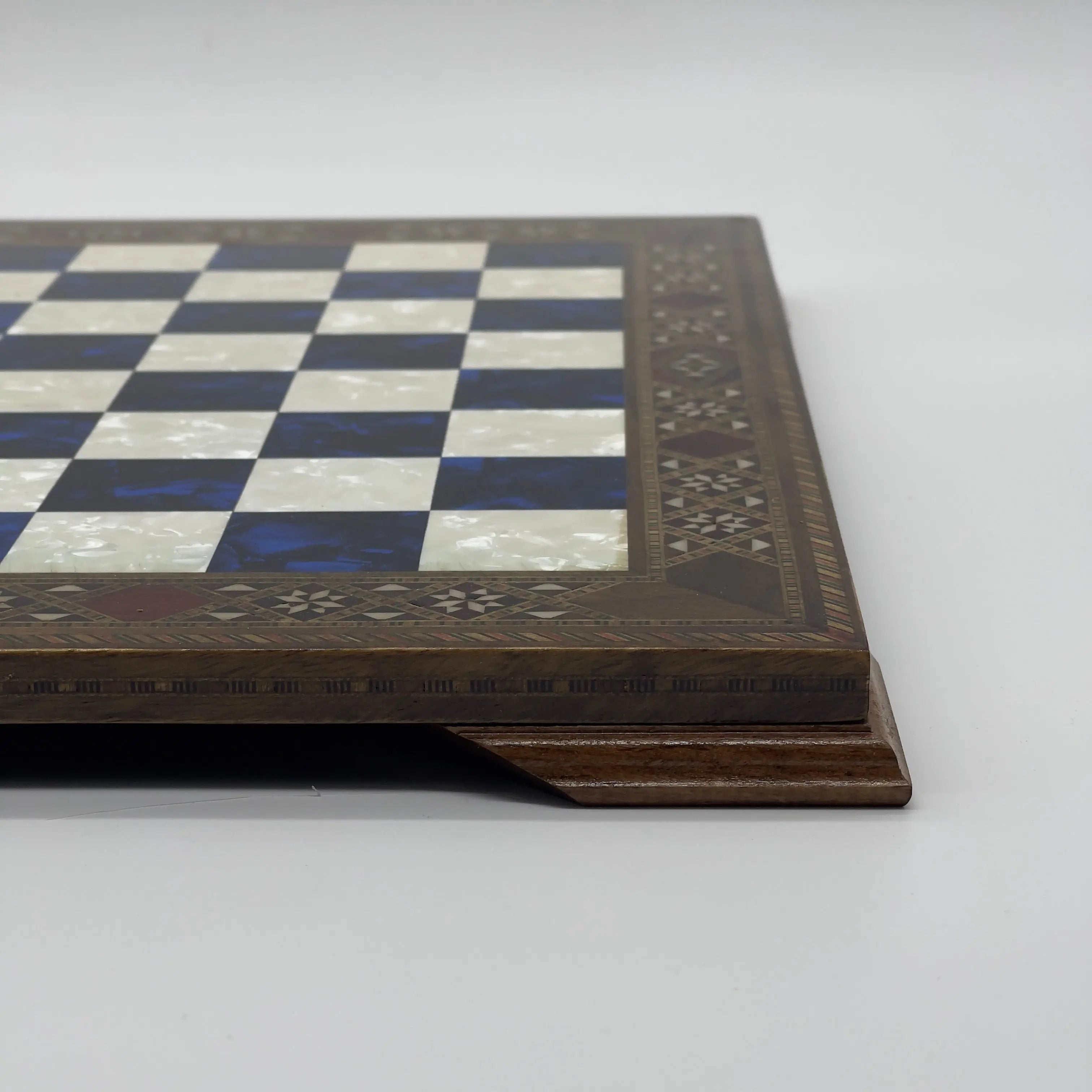 15" Blue Handmade Patterned Luxury Wooden Chess Board With Legs