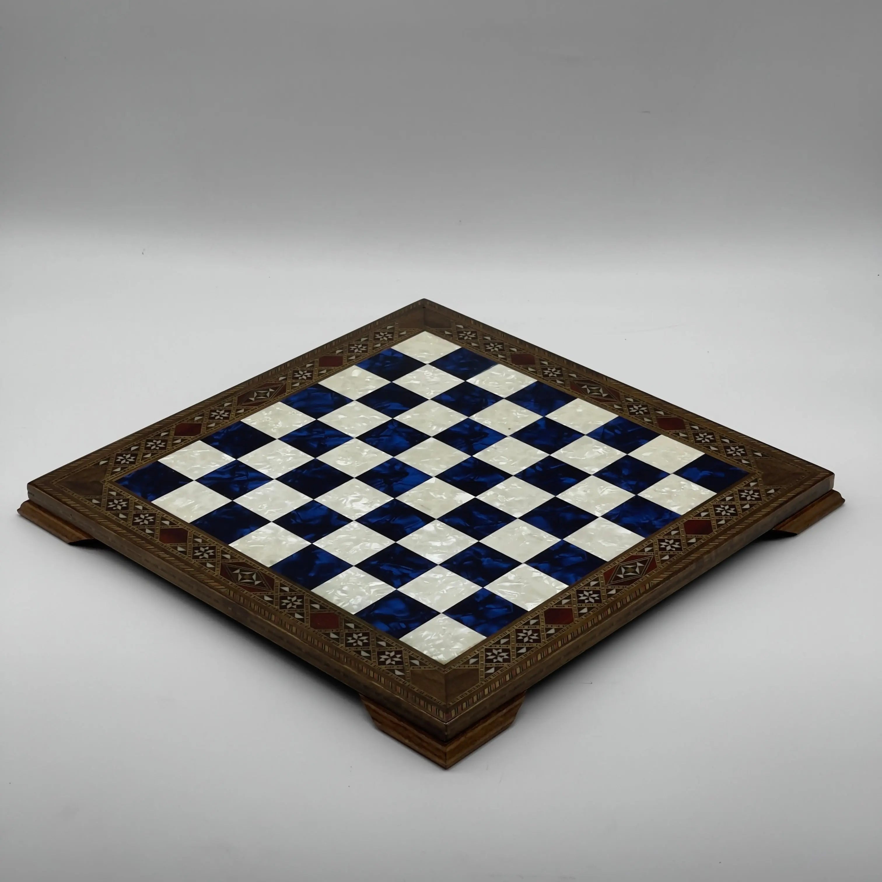 15" Blue Handmade Patterned Luxury Wooden Chess Board With Legs