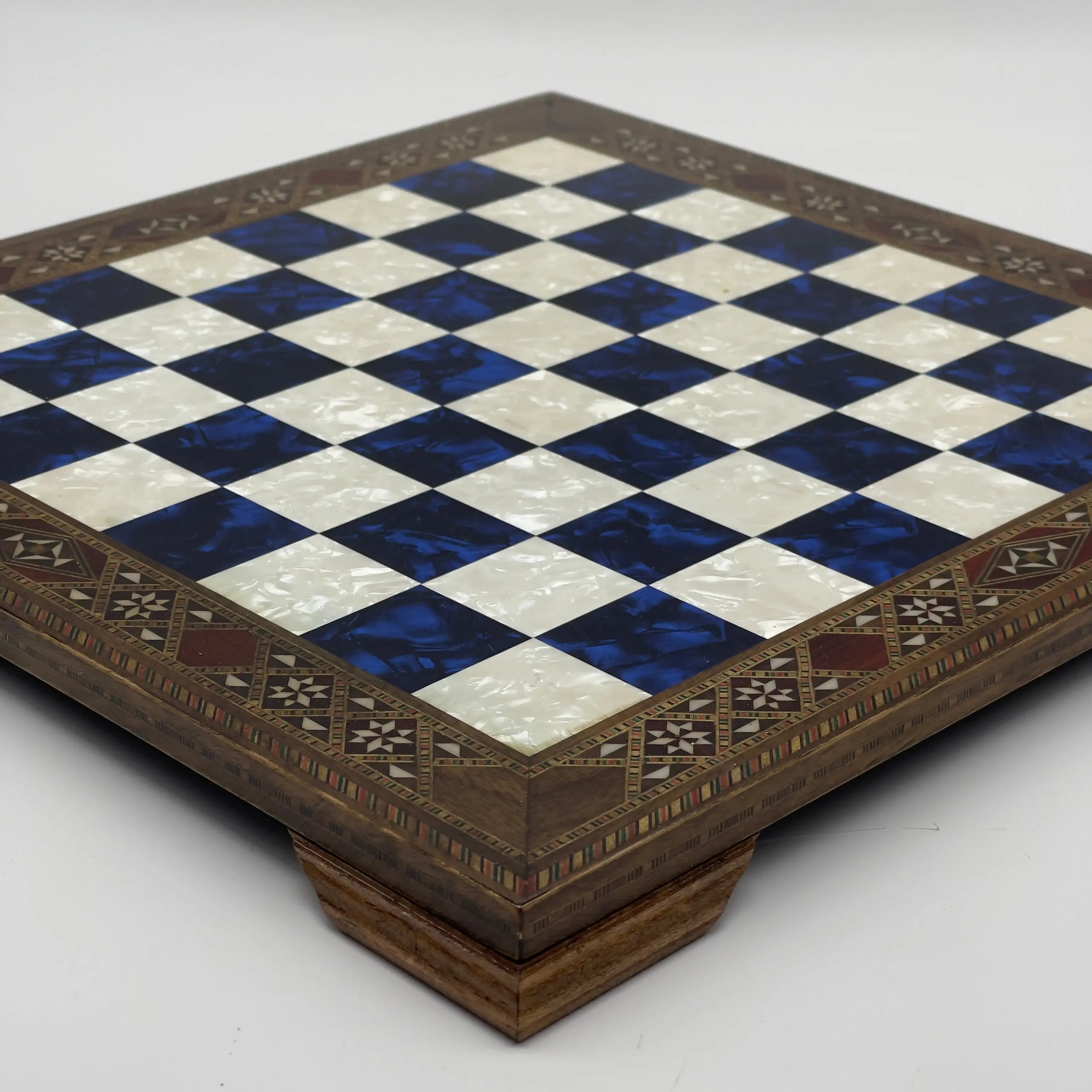 15" Blue Handmade Patterned Luxury Wooden Chess Board With Legs