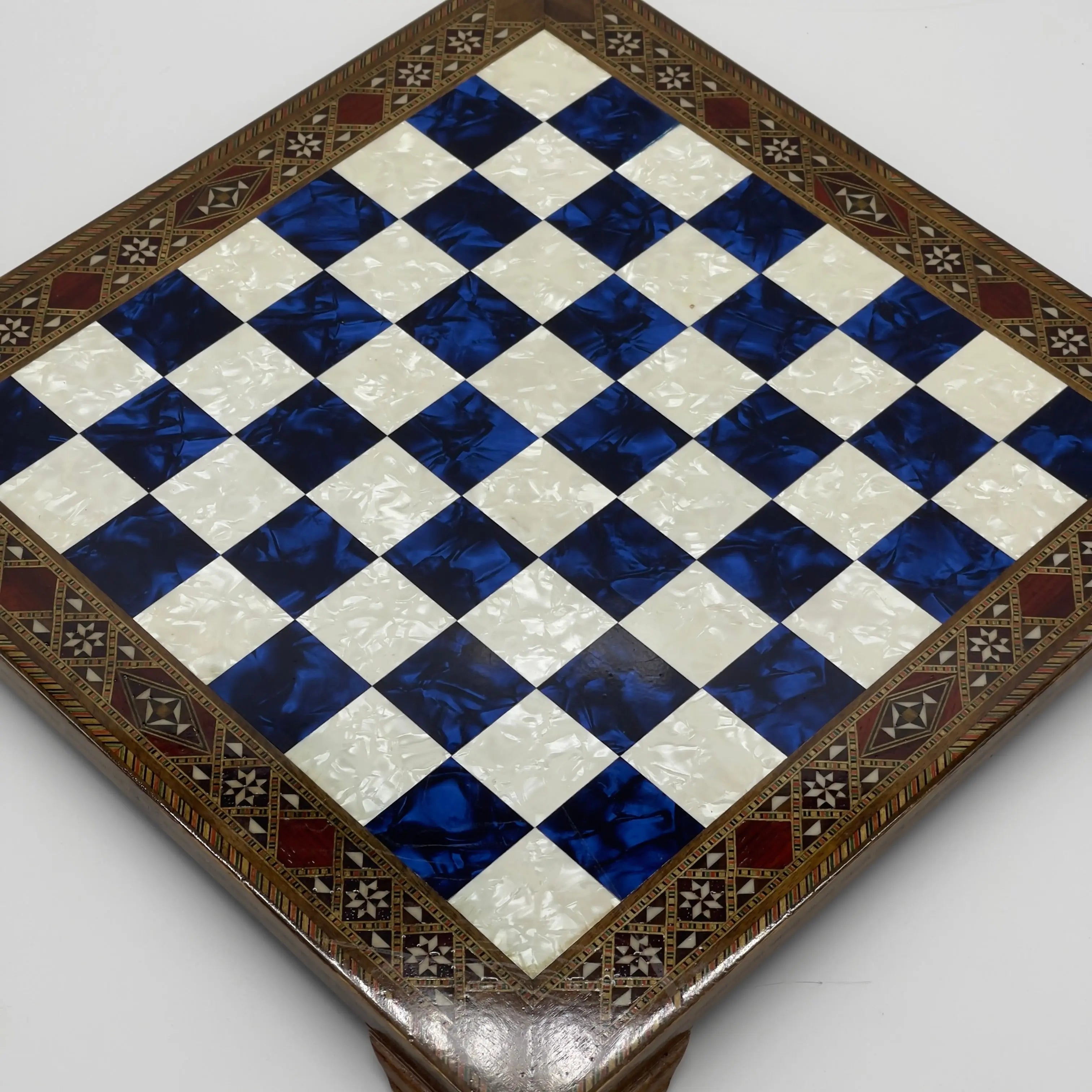 15" Blue Handmade Patterned Luxury Wooden Chess Board With Legs