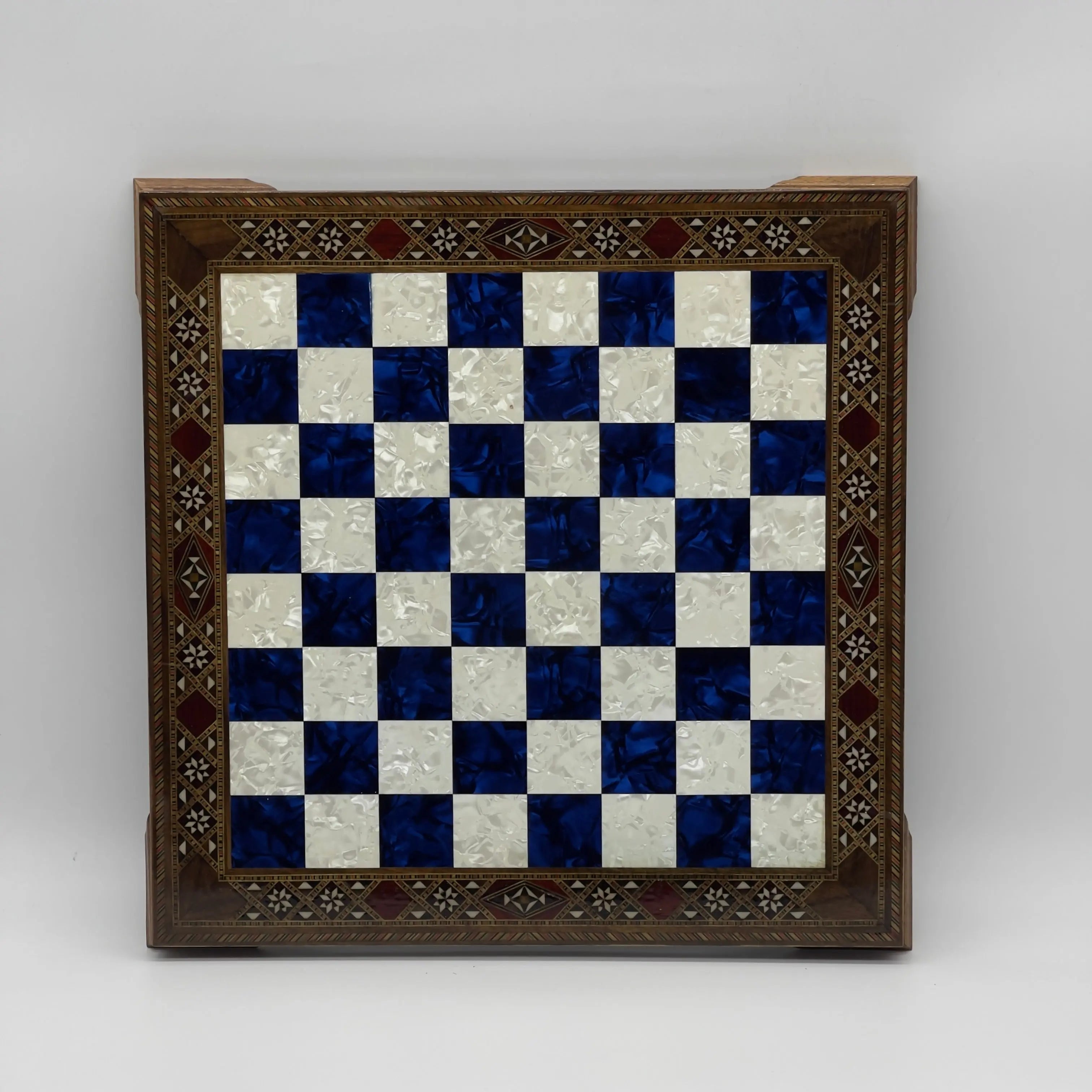 15" Blue Handmade Patterned Luxury Wooden Chess Board With Legs