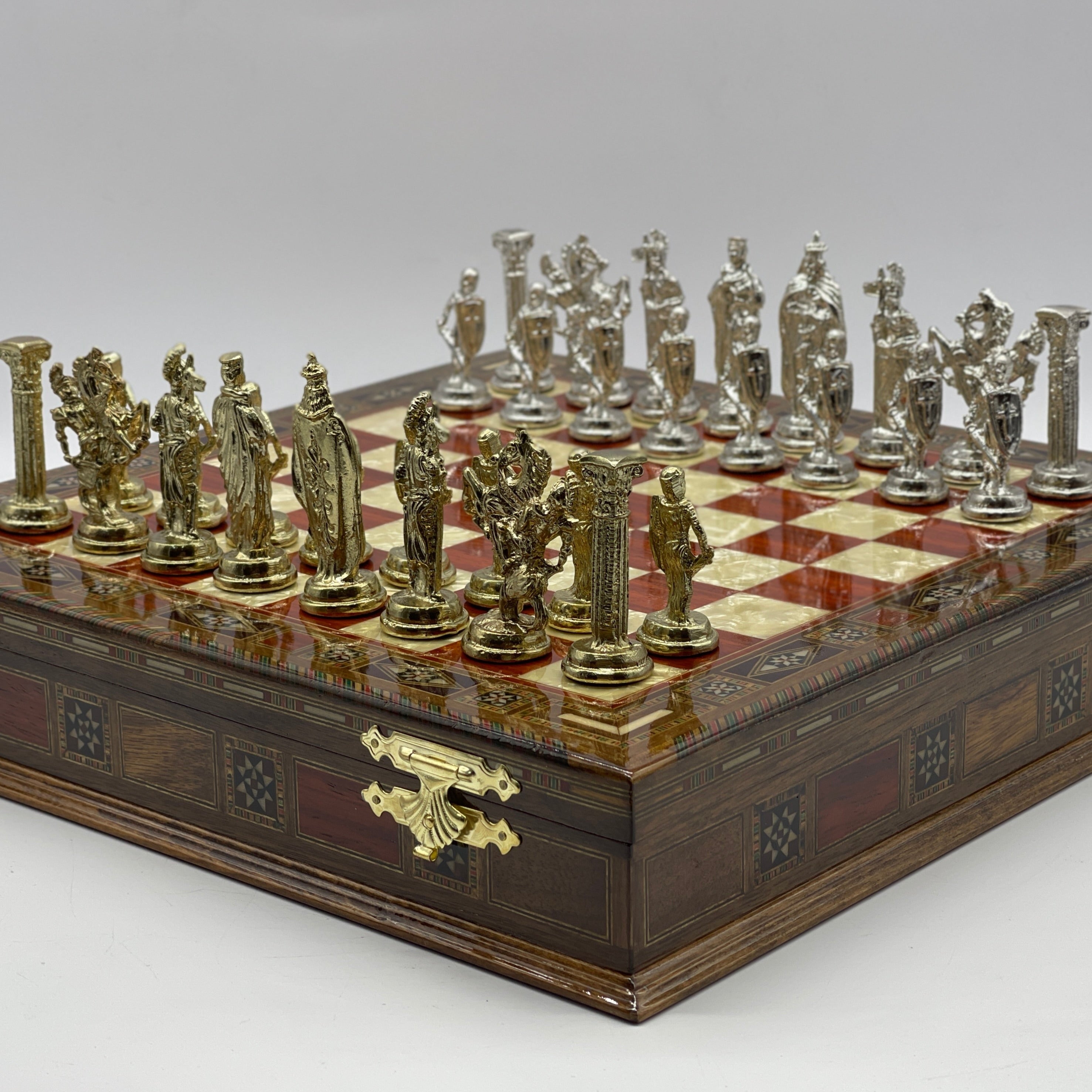 15.3" Rosewood Wooden Boxed Chess Set With Handmade British Metal Chess Pieces