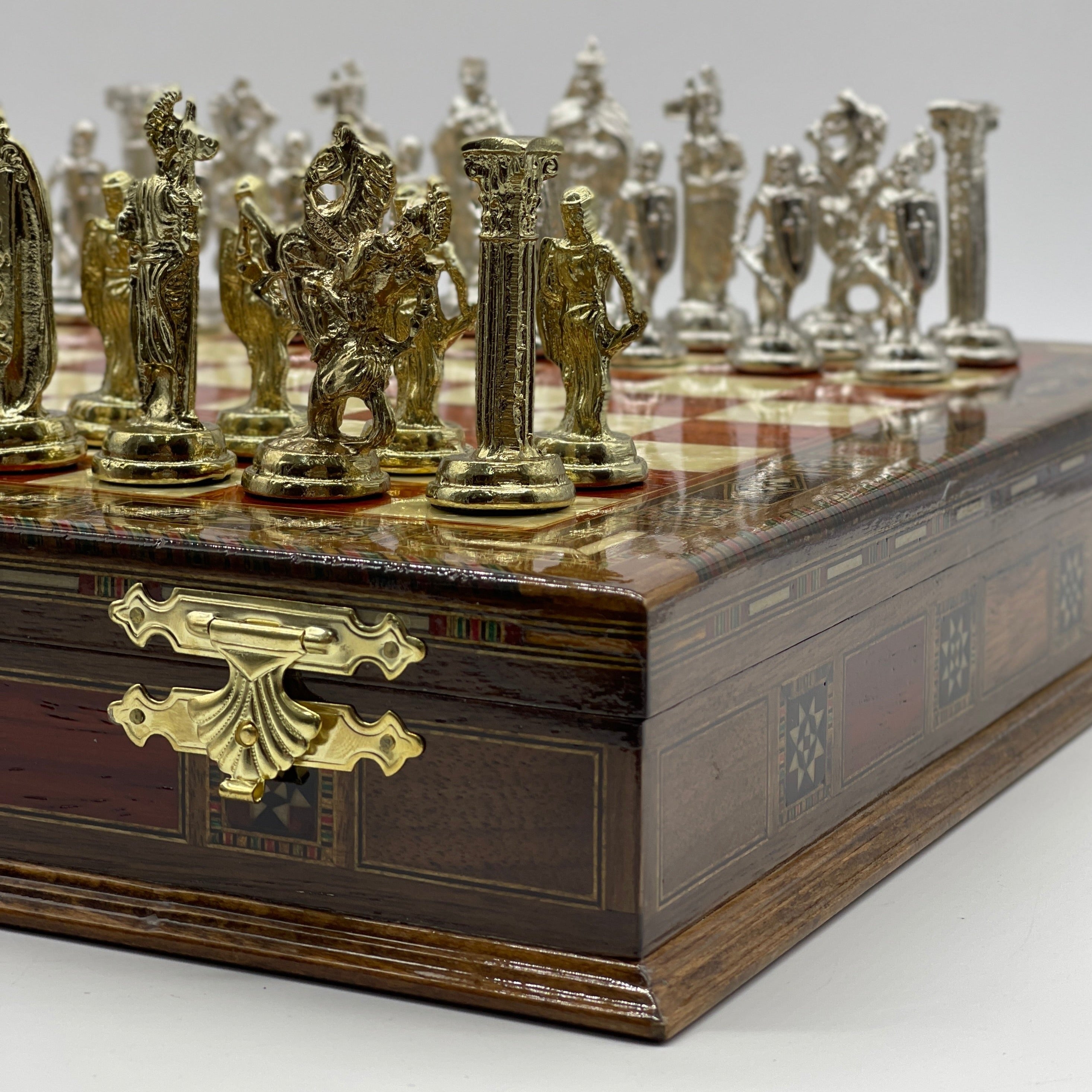 15.3" Rosewood Wooden Boxed Chess Set With Handmade British Metal Chess Pieces