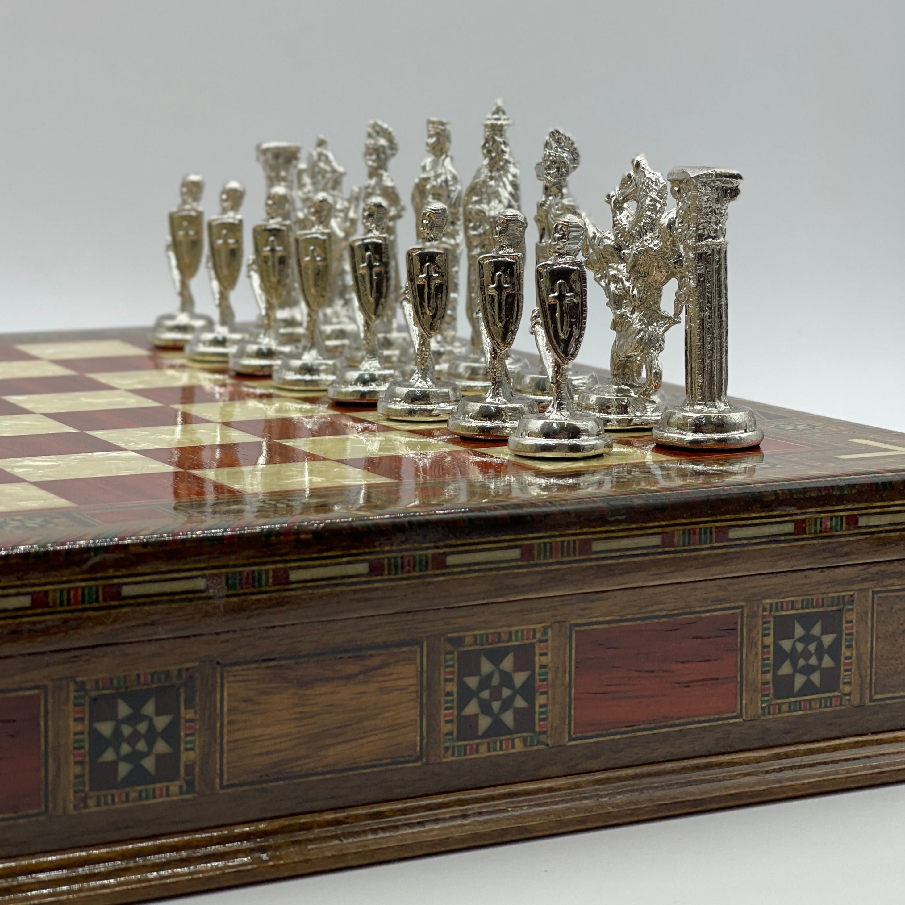 15.3" Rosewood Wooden Boxed Chess Set With Handmade British Metal Chess Pieces