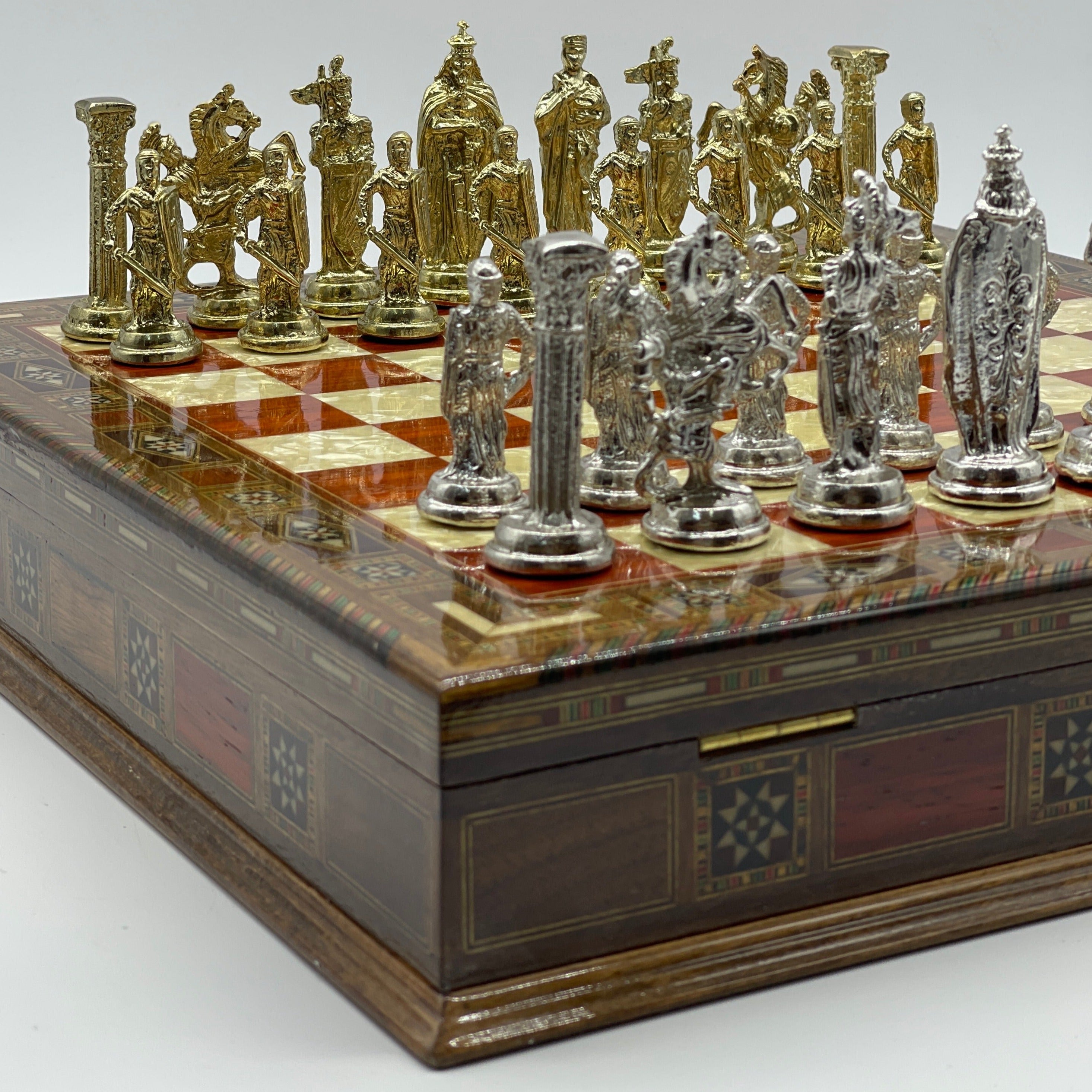 15.3" Rosewood Wooden Boxed Chess Set With Handmade British Metal Chess Pieces