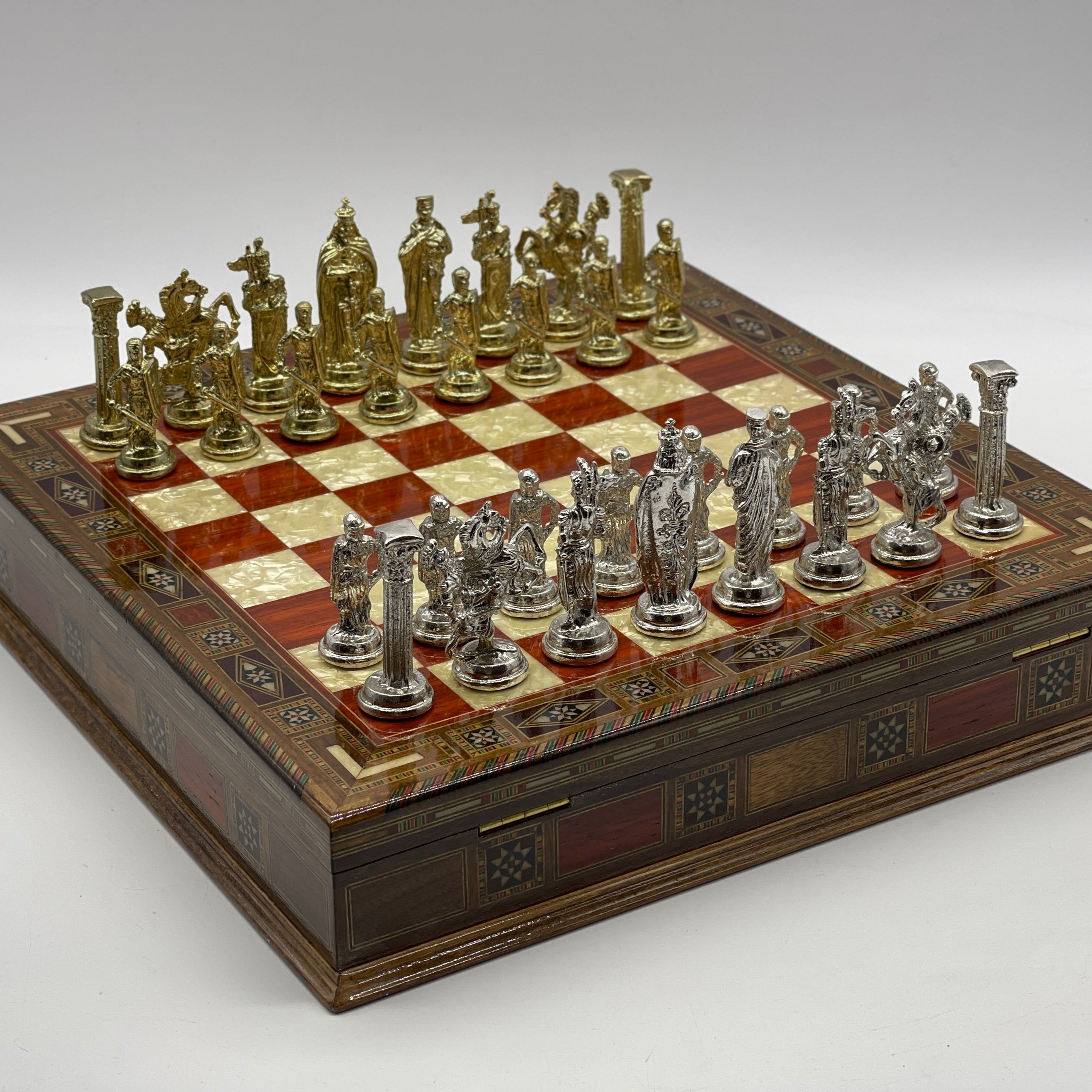15.3" Rosewood Wooden Boxed Chess Set With Handmade British Metal Chess Pieces