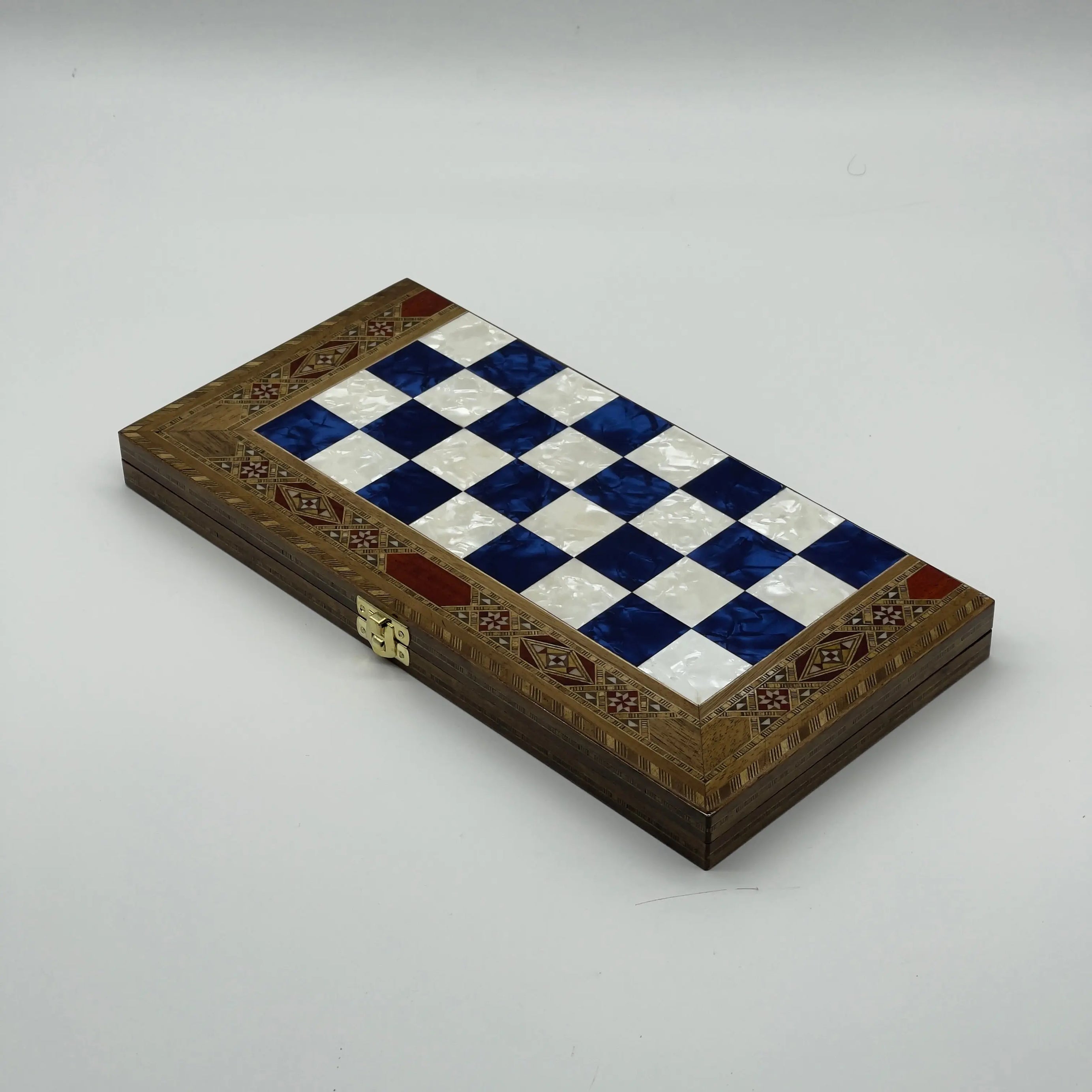 17" Large Blue Handmade Pattern Luxury Wooden Folding Chess Board