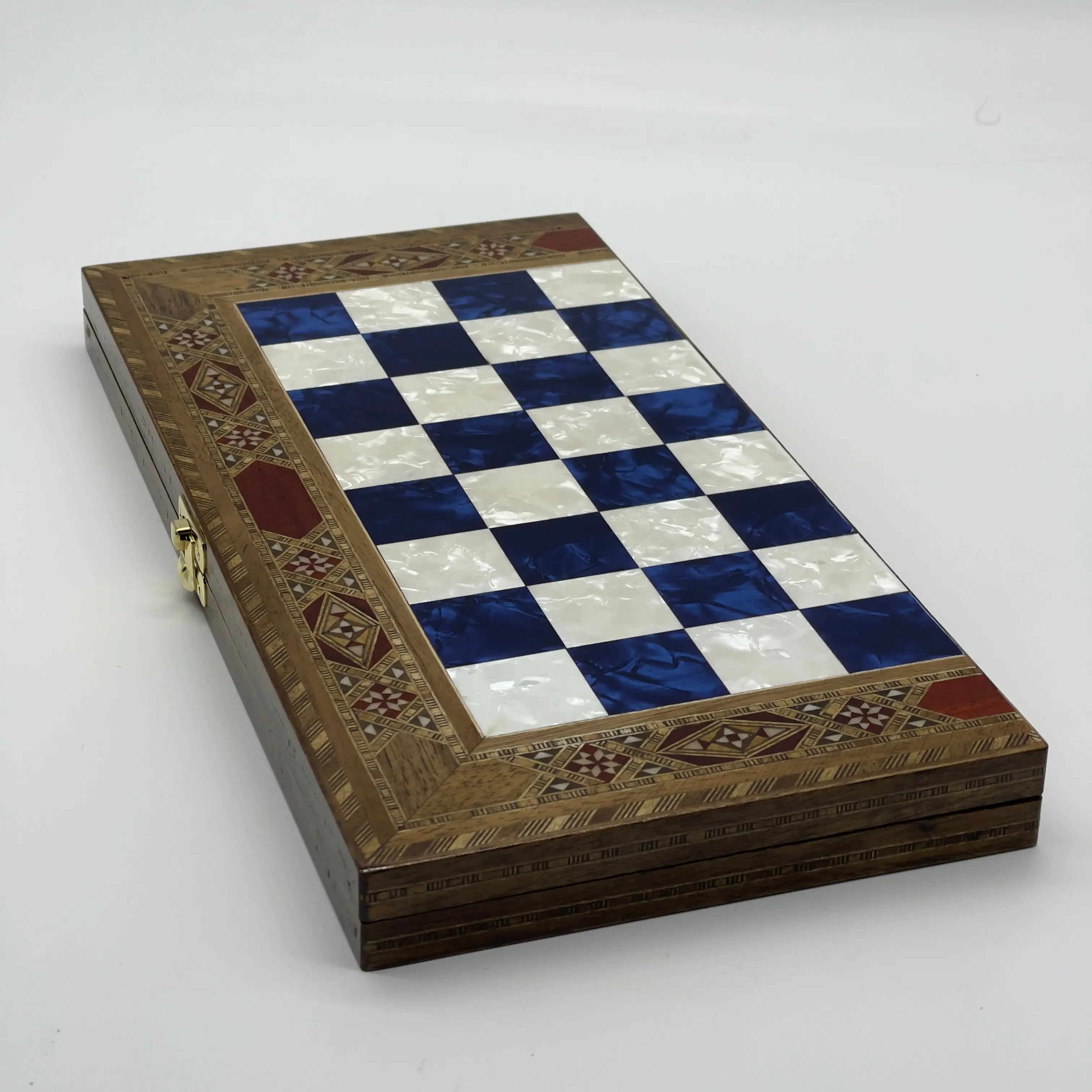 17" Large Blue Handmade Pattern Luxury Wooden Folding Chess Board