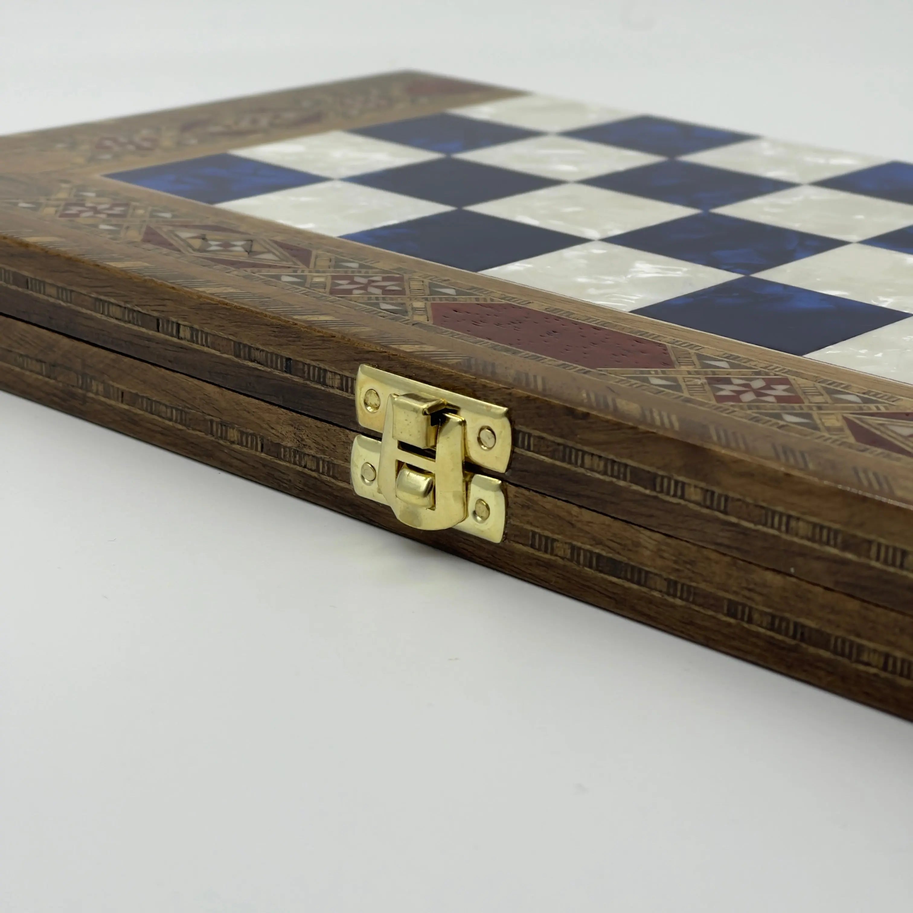17" Large Blue Handmade Pattern Luxury Wooden Folding Chess Board