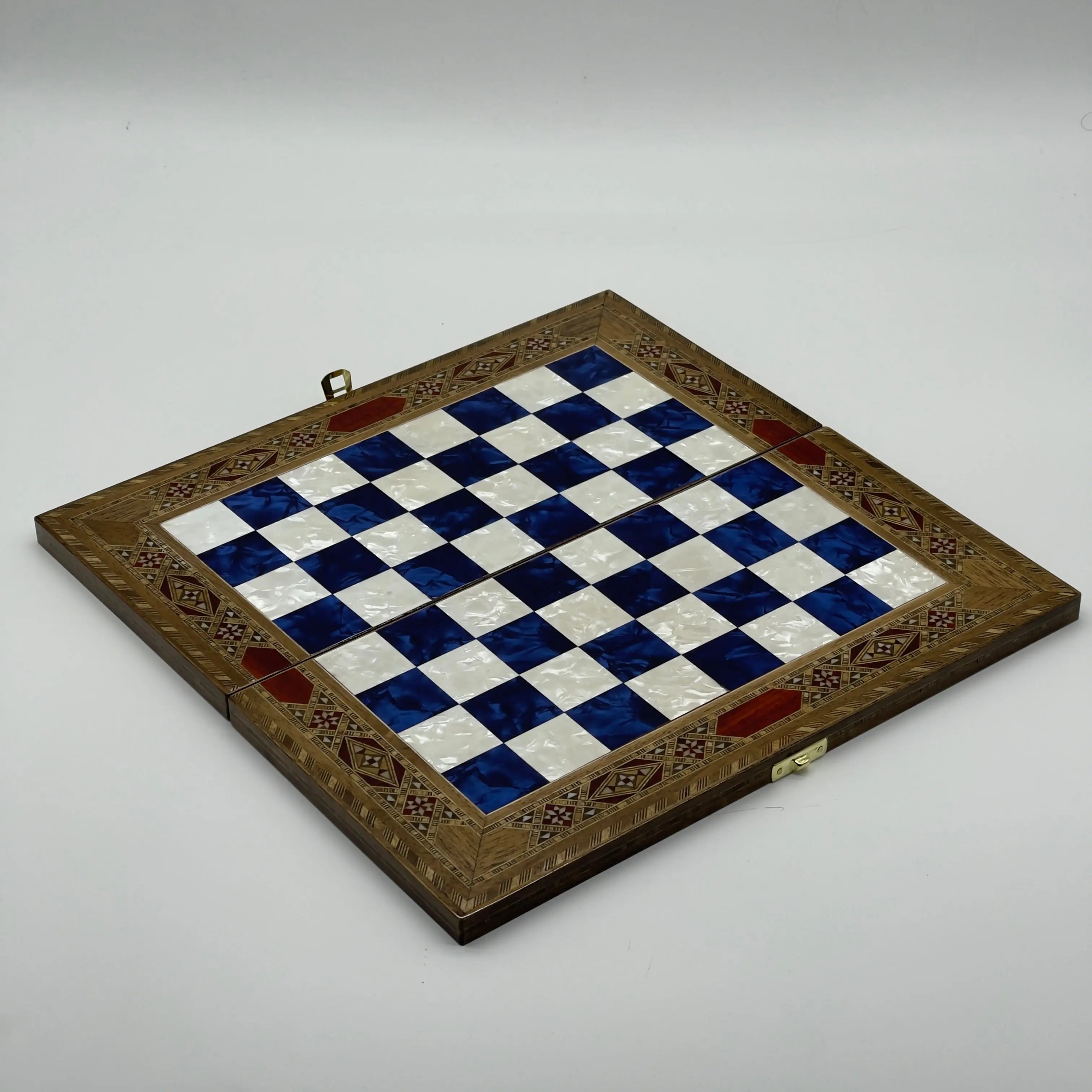 9" Small Handmade Pattern Luxury Wooden Folding Blue Chess Board