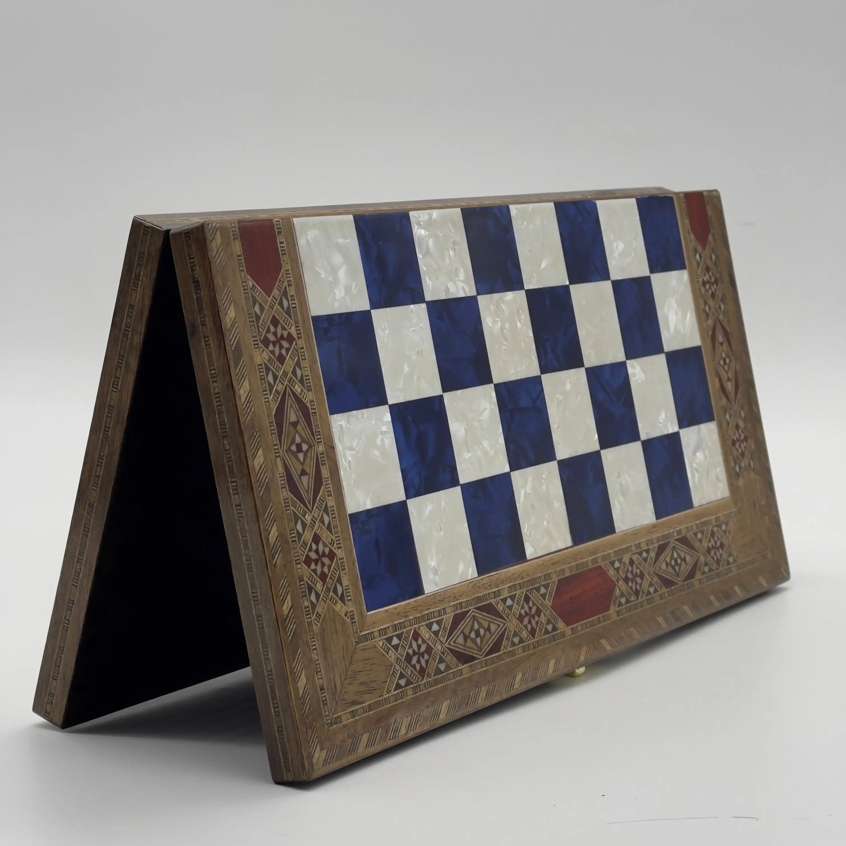 9" Small Handmade Pattern Luxury Wooden Folding Blue Chess Board