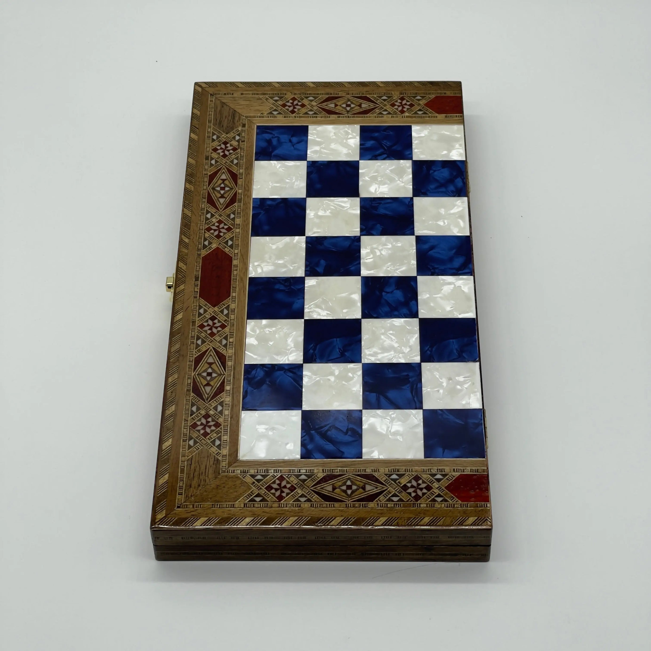 17" Large Blue Handmade Pattern Luxury Wooden Folding Chess Board