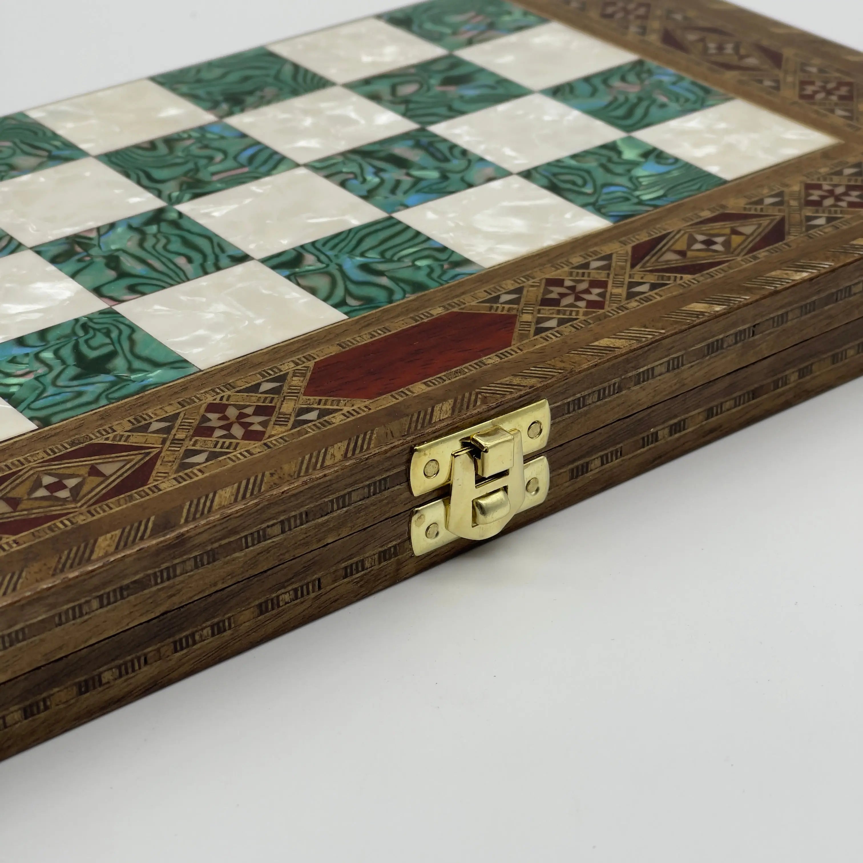 17" Large Turquoise Handmade Pattern Luxury Wooden Folding Chess Board