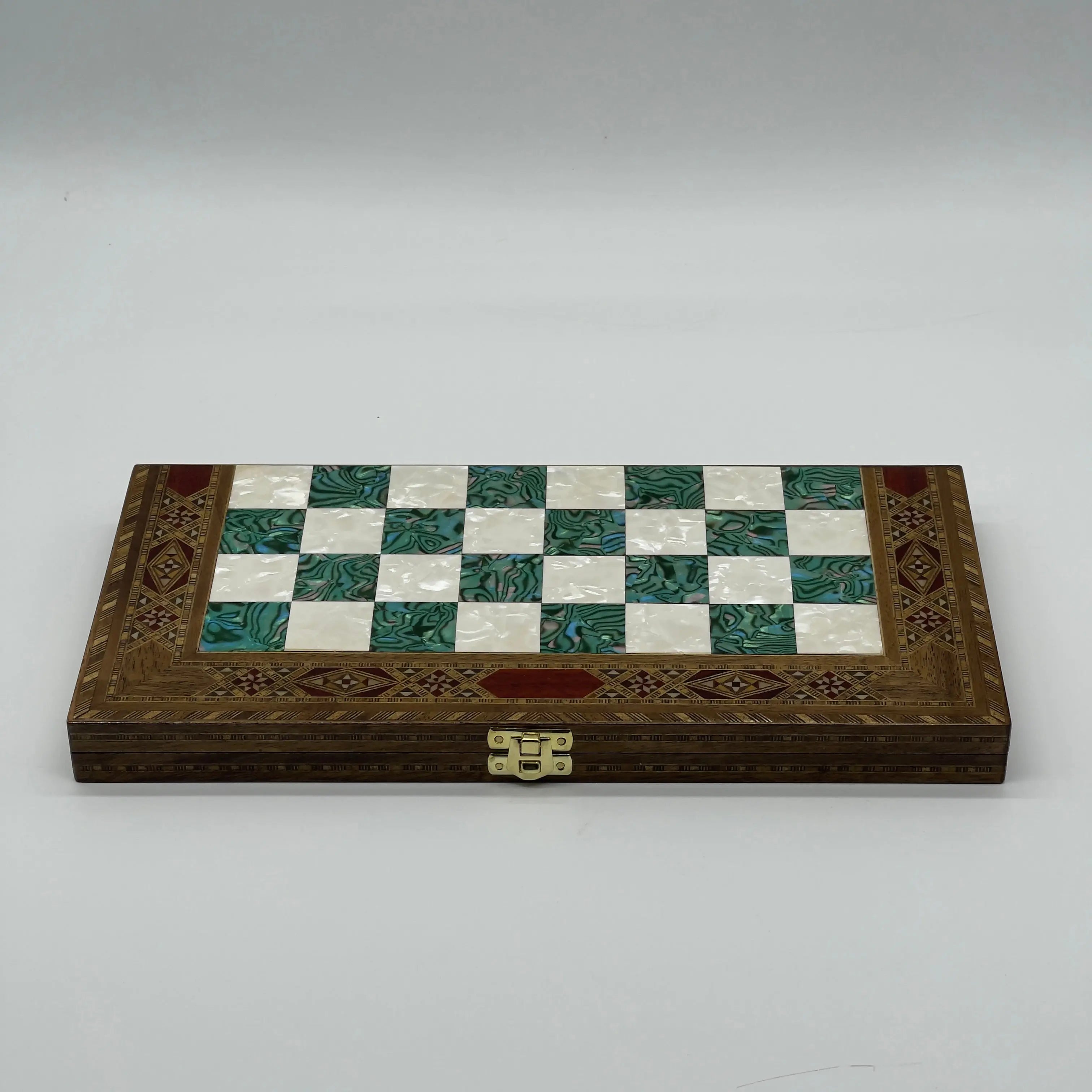 17" Large Turquoise Handmade Pattern Luxury Wooden Folding Chess Board