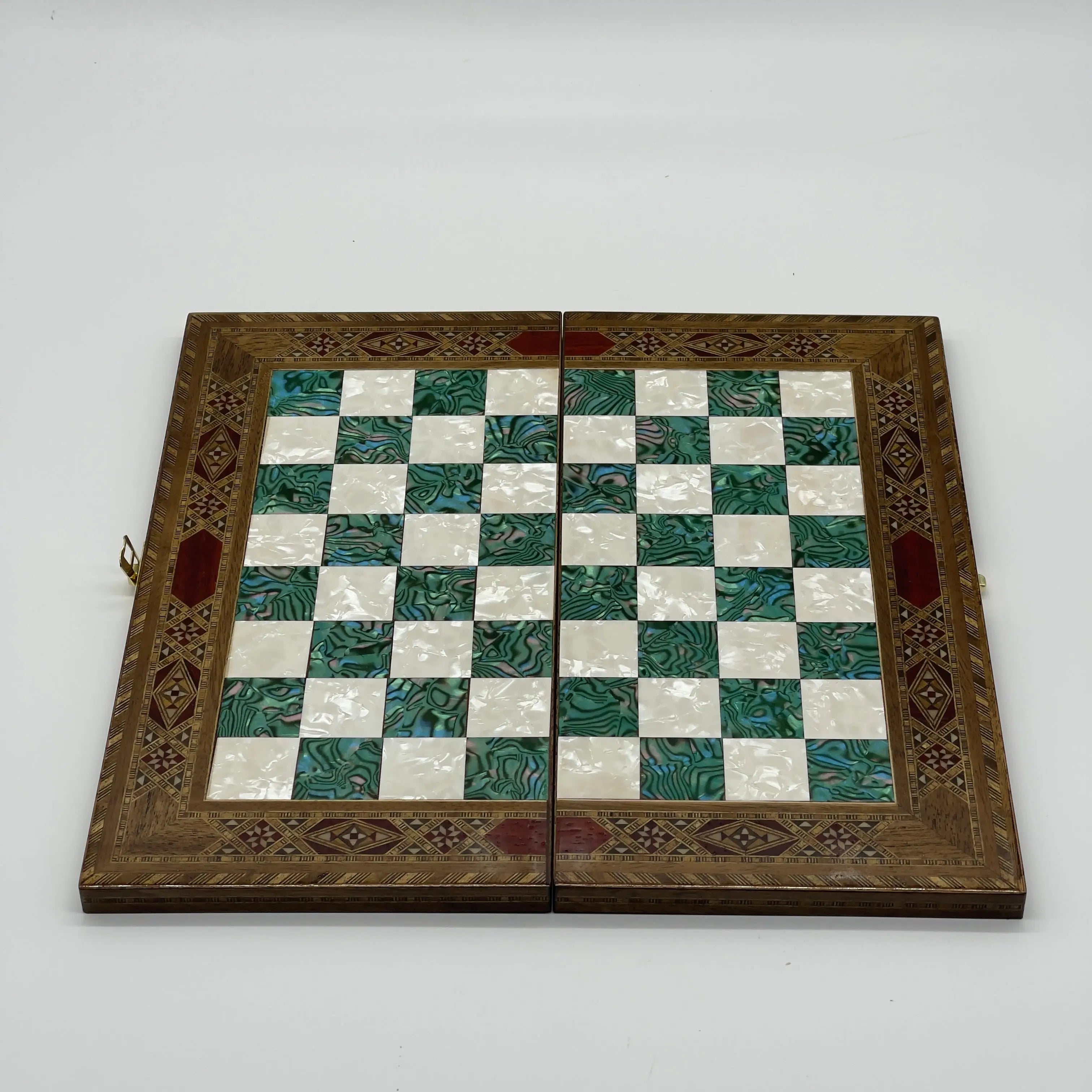 17" Large Turquoise Handmade Pattern Luxury Wooden Folding Chess Board
