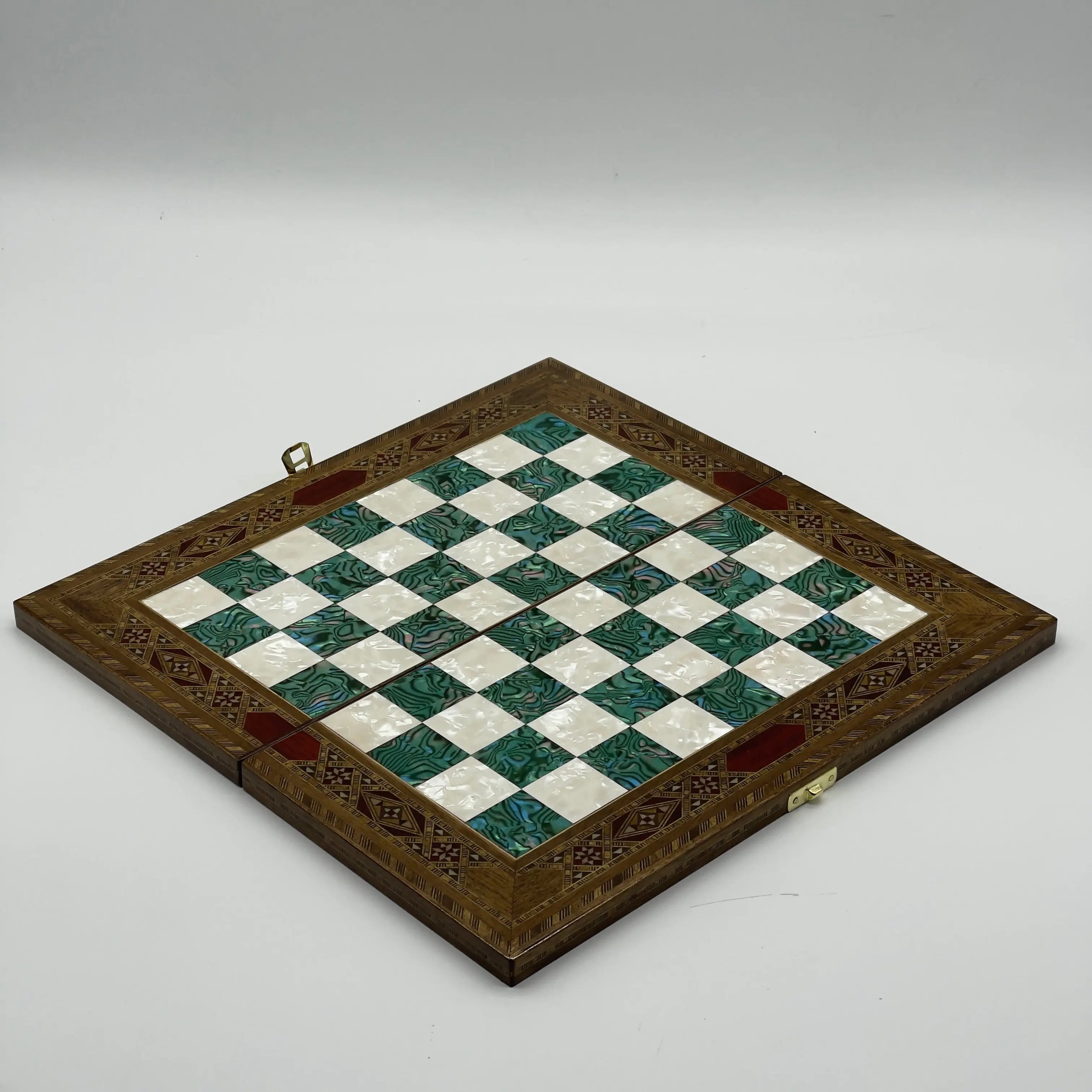 17" Large Turquoise Handmade Pattern Luxury Wooden Folding Chess Board