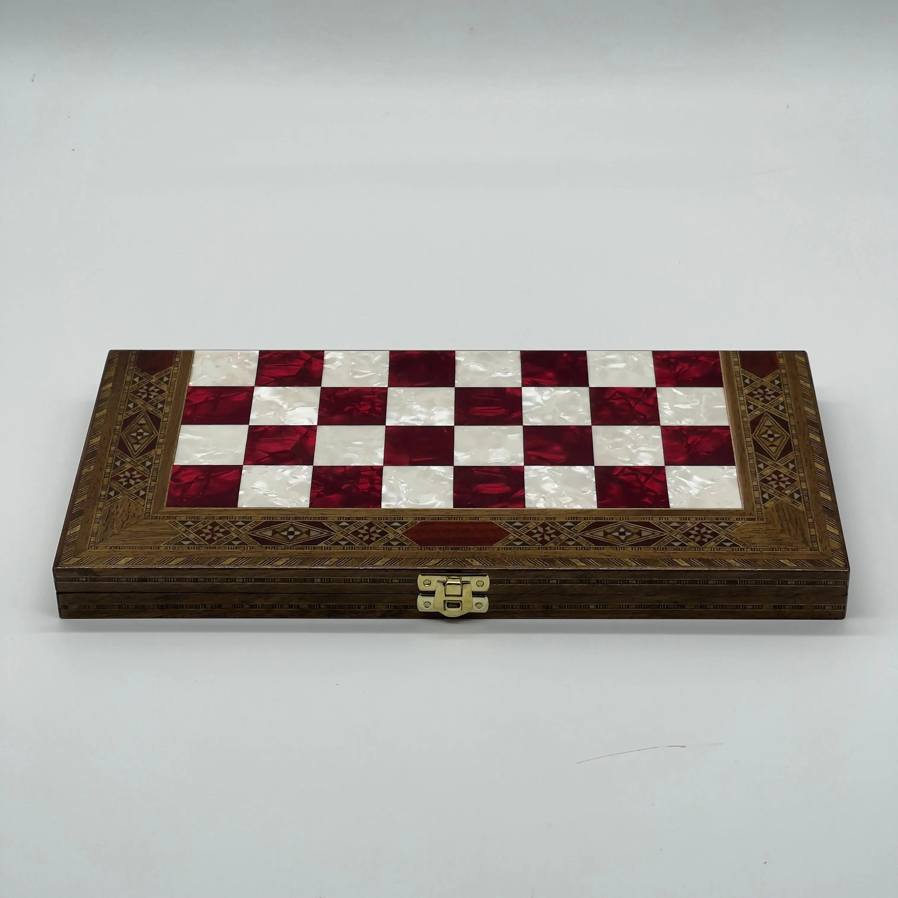 17" Red Turquoise Handmade Pattern Luxury Wooden Folding Chess Board