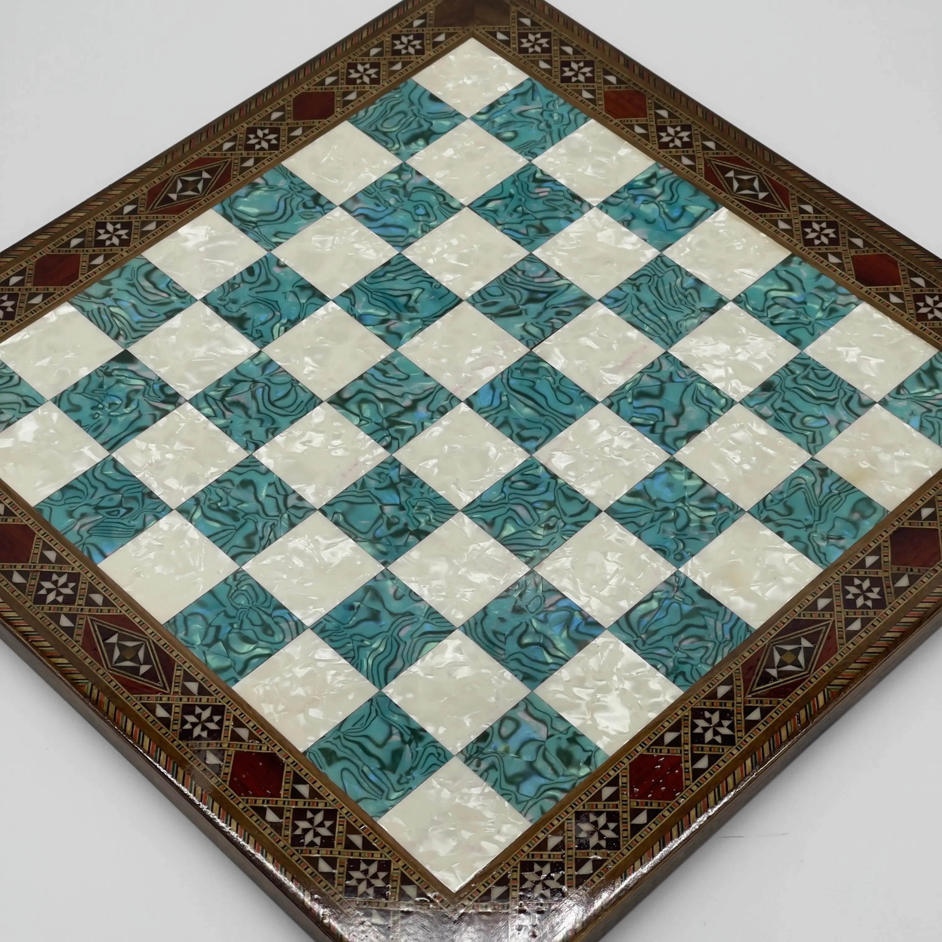 14.9" Handmade Custom Pattern Luxury Wooden Turquoise Chess Board